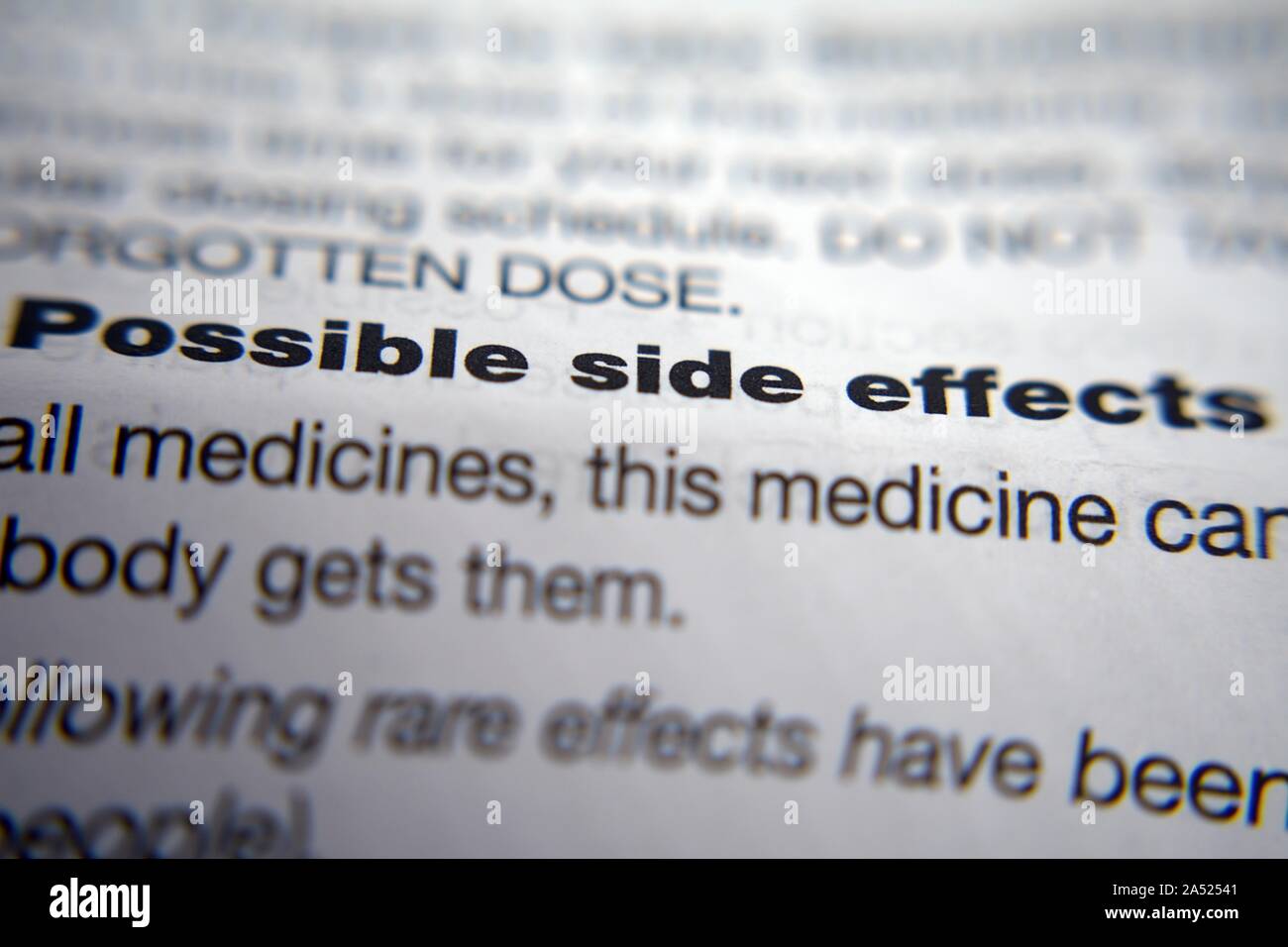 Mögliche Nebenwirkungen auf die Medizin info Blatt Stockfoto
