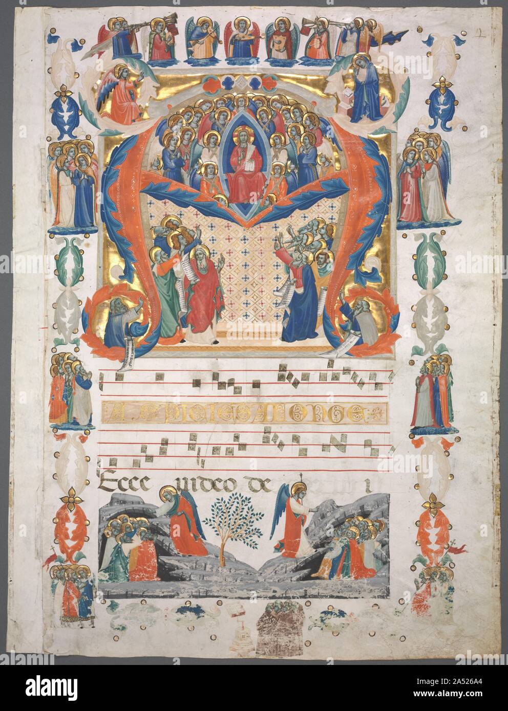 Einflügelig ausgeschnitten aus einem antiphonar: Anfänglicher [spiciens eine Longe] mit Christus in Majestät, C. 1330-1350. Diese massive Historisierte Initiale A, zu den größten gemalt von Renaissance Strahler, stellt die matutin Antwort für den ersten Sonntag im Advent. Über Jahrhunderte war dieses besonderen Sonntag wurde als Aspiciens eine Longe Sonntag, da dies der erste Gesang des christlichen Kirchenjahres mit einem speziellen Chor, Schola Cantorum gesungen zu werden, an diesem Tag bekannt. Der Text sowie das Bild folgen die Prophezeiung des Jesaja, die die Geburt Christi sah: Aspiciens eine Longe, ecce, Video p Stockfoto