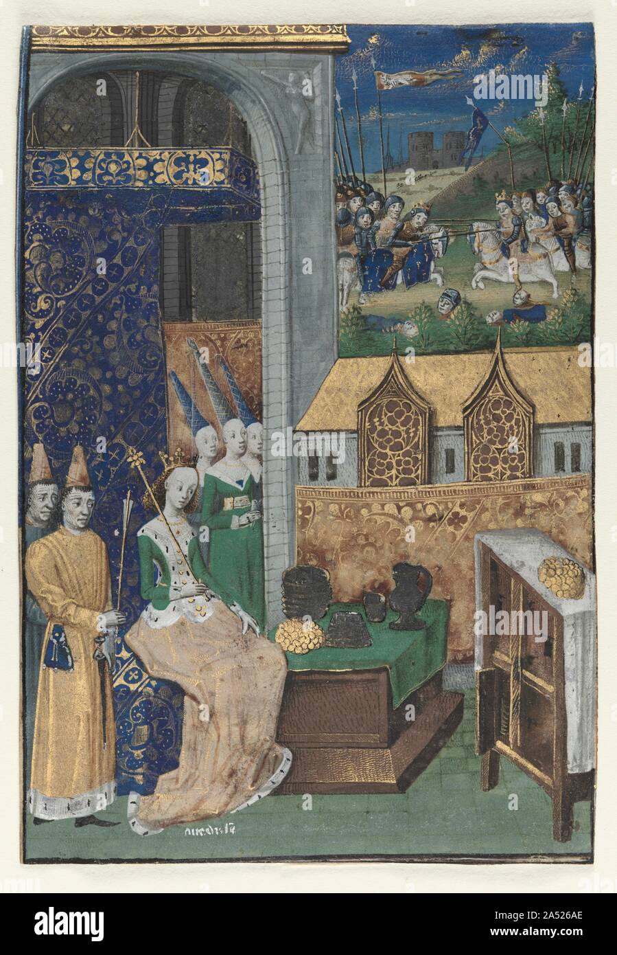 Einzelminiatur Excised von Boccaccio des Cleres et Adligen femmes: Queen Medusa und ihren Hof, C. 1470. Die Miniatur stammt aus der französischen Übersetzung eines Buches von der italienische Dichter Giovanni Boccaccio (1313-1375). Eine Zusammenstellung von Biographien von berühmten Frauen, Boccaccio &#x2019;s Arbeit beliebt in Frankreich blieb während der 1400s, besonders mit aristokratischen Bibliophilen, und war in der Regel schön in Form einer deluxe Manuskript dargestellt. Hier ist die Miniatur Einführung in das Kapitel mit der Legende der Königin Medusa Umgang. Durch ihre Höflinge umgeben, Medusa beauftragt die Stockfoto