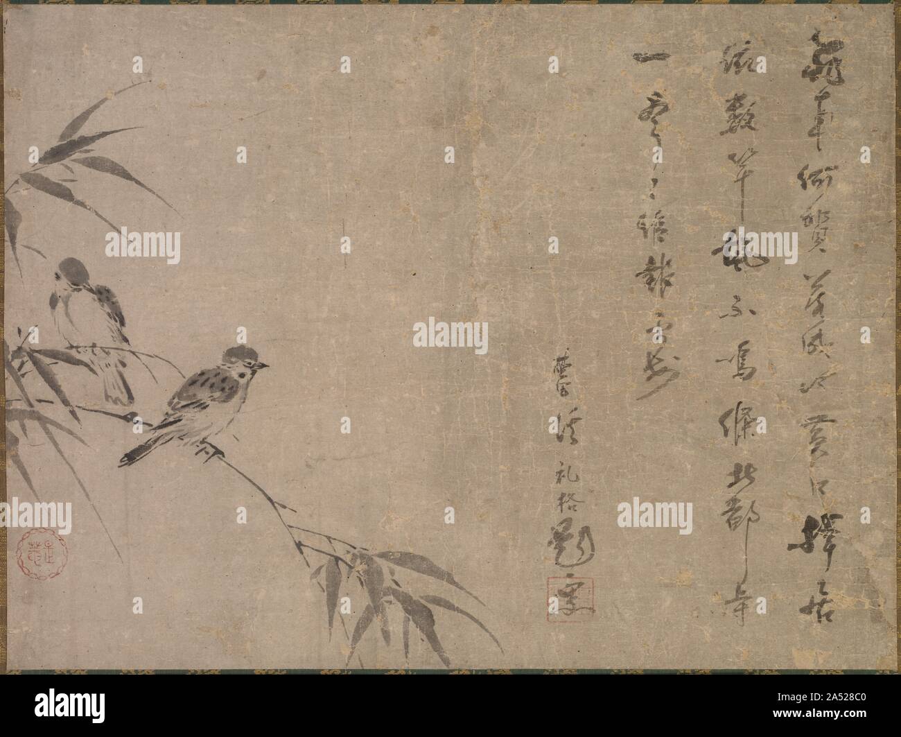 Spatzen und Bambus, Mitte bis Ende 1500. Unterrichtet Seido, dessen Stil Name war Zean, war ein Zen Mönch, bei Shokokuji Tempel in Kyoto ausgebildet, und gestaltet den Garten von Reiun &#x2019; bei Myoshinji Tempel. Er malte Landschaften im Stil der Kunstmaler und Berater des Shogun, Soami (gestorben 1525), sowie die Vogel-und-blume Kompositionen. Eine poetische Inschrift durch den Mönch Ekkei Reikaku diese sanfte Komposition von zwei Spatzen begleitet thront auf Bambus. Stockfoto