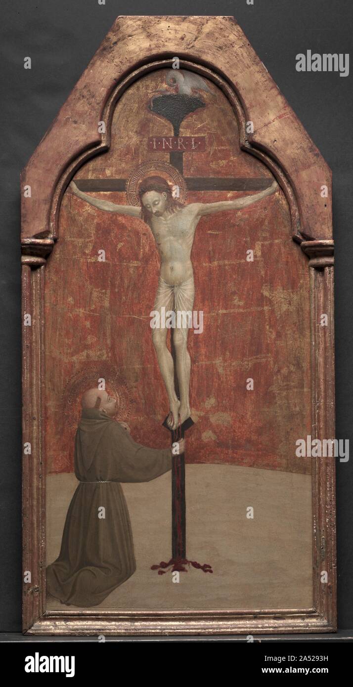 St. Francis Knie vor Christus am Kreuz, 1437-1444. Wegen seiner Einfachheit, Frömmigkeit und Hingabe zu allen lebenden Kreaturen, Saint Francis (1181-1226) zählt zu den bekanntesten und beliebtesten Heiligen blieb. Zu den wohlhabenden Eltern in Assisi geboren, er lebte ein Leben der zecher Luxus. Aber, Francis später gab auf alle weltlichen Güter und umfasst eine Existenz von bitterer Armut. Während seines erwachsenen Lebens, der Saint erfahrener mystischen Trance und Visionen von Christus. Auf dem Kreuz ist hier einen grünen Baum und ein Nest von Pelikanen. 15. jahrhundert Zuschauer würden den Baum erkannt haben als Re Stockfoto