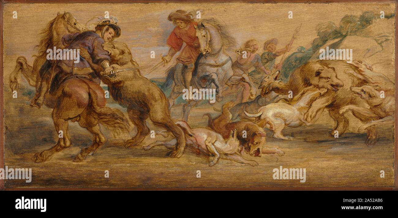 Studie für "Der Bär Jagd" (für den Alc&#xe1; Zar, Madrid), C. 1639. Viele von Rubens &#x2019;s Designs für großformatige Gemälde begann mit kleinen Skizzen wie dieses. Rubens alle wilden Energie einer Jagd im swift Anschläge von flüssigen braunen Farbe mit nur gelegentlichen Hauch von Farbe erfasst. Die großen beendete Malerei (wahrscheinlich jetzt zerstört) wurde in den Alc&#xe1 installiert; Zar, König Philipp IV. &#x2019;s Palace in Madrid. Stockfoto