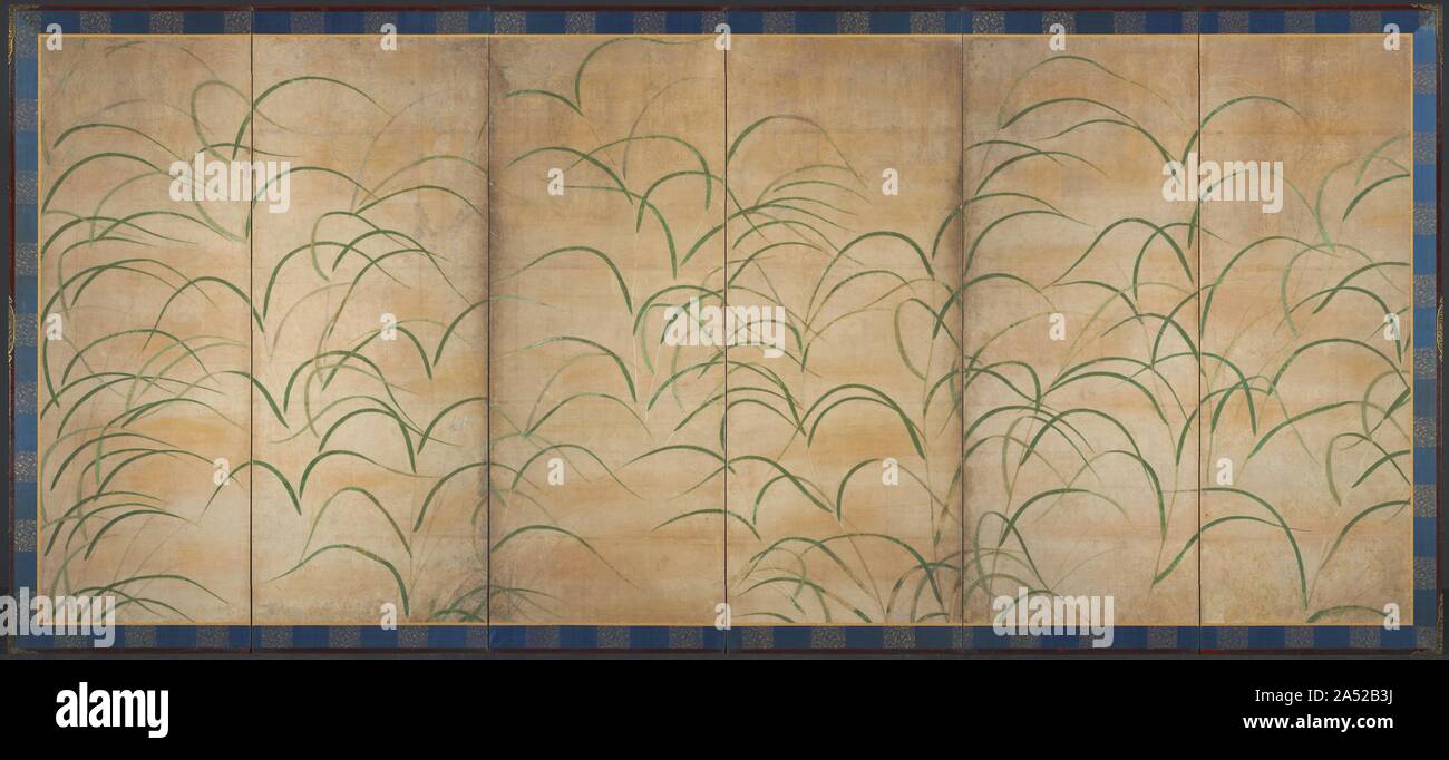 Susuki Gras, C. 1525. Susuki Gras hat eine in den Sommermonaten geöffnete Verbindung mit Herbst in der japanischen visuellen und literarischen Tradition. Er ist einer der "sieben Blüten im Herbst, "Zusammen mit Bush Klee, Pfeilwurz, Rosa, patrinia, mistflower und Glockenblume. Diese Zusammensetzung taucht der Betrachter in einem Feld von Gräsern und golden Bands von Nebel. Das Design kann als Hintergrund für Gedichte gebürstet in Kalligraphie auf eingerichteten Papiere gedient haben und auf der Oberfläche des Displays angebracht. Stockfoto