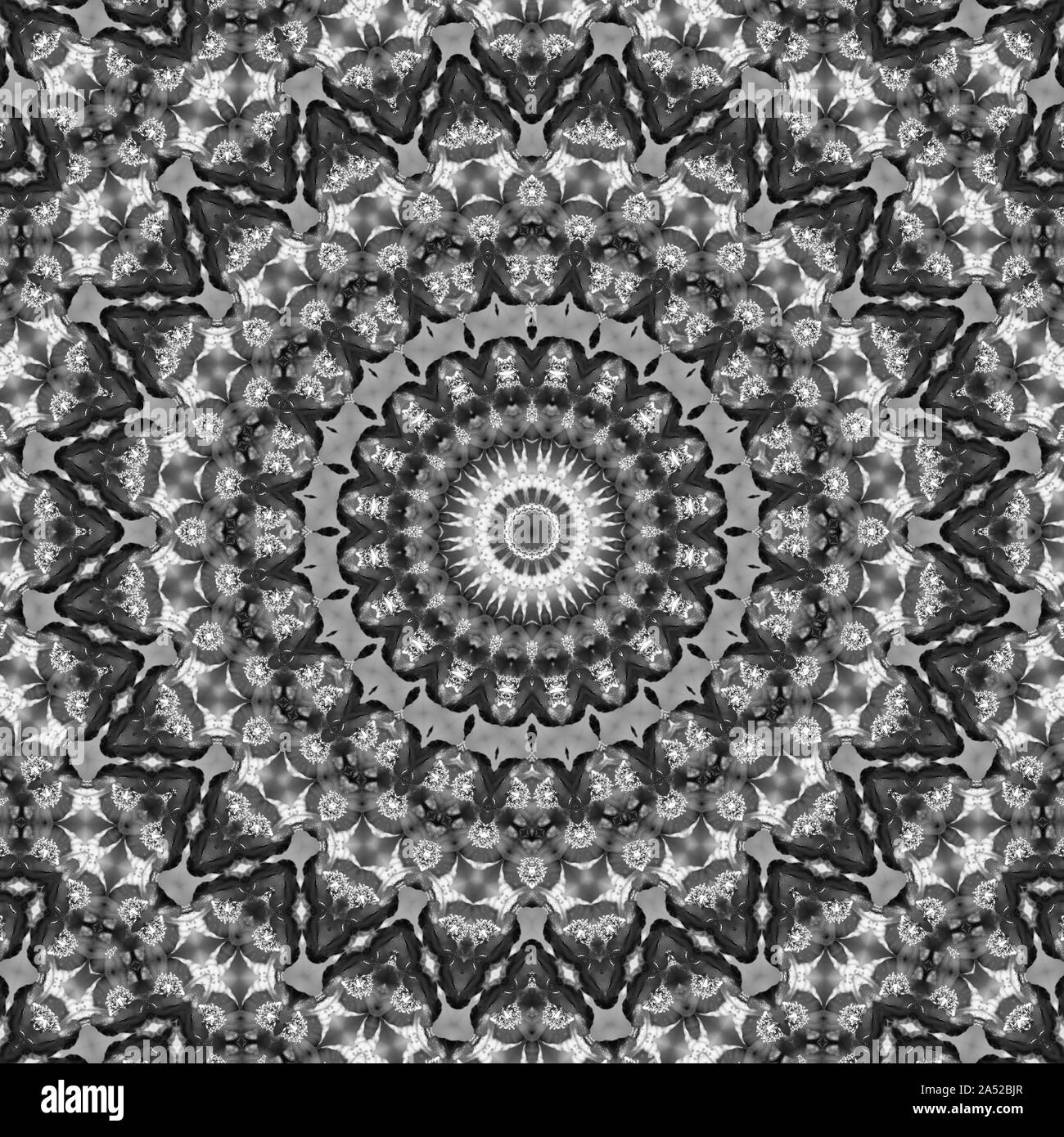 Florale kaleidoskopartige Muster. Einfarbige geometrische Verzierung. Mandala. Abstrakte schwarzen und weißen Hintergrund Stockfoto