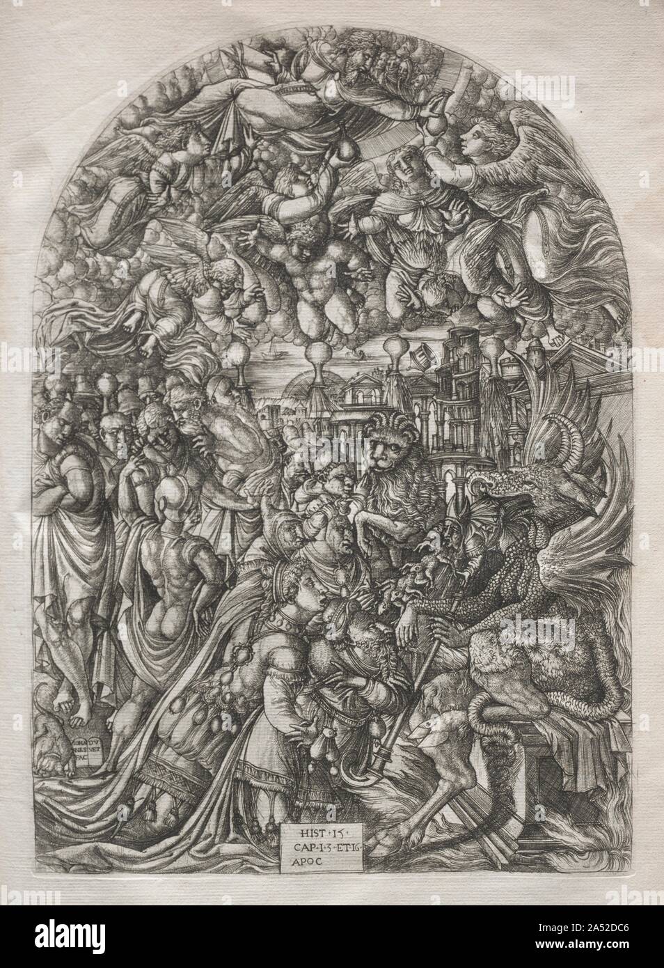 Die Apokalypse: Der Drache mit zwei Hörnern und das Tier mit sieben, 1546-1556. Dieser Ausdruck ist Teil des gebundenen Band der Werke, die eine Erzählung der Apokalypse aus der Offenbarung des Heiligen Johannes in der Bibel entnommen. Die 23 Stiche in der Reihe belegt der Künstler für eine Anzahl von Jahren und seine größte künstlerische Errungenschaft darstellen. Die Lautstärke des Museum ist einer von nur sieben bekannten komplette Sets. Jean Bettdecke war einer der ersten großen Grafiker in Frankreich und einer der originellsten Künstler der 1500. Obwohl er vor allem in der provinziellen Stadt Langres gearbeitet, er wurde sich Stockfoto