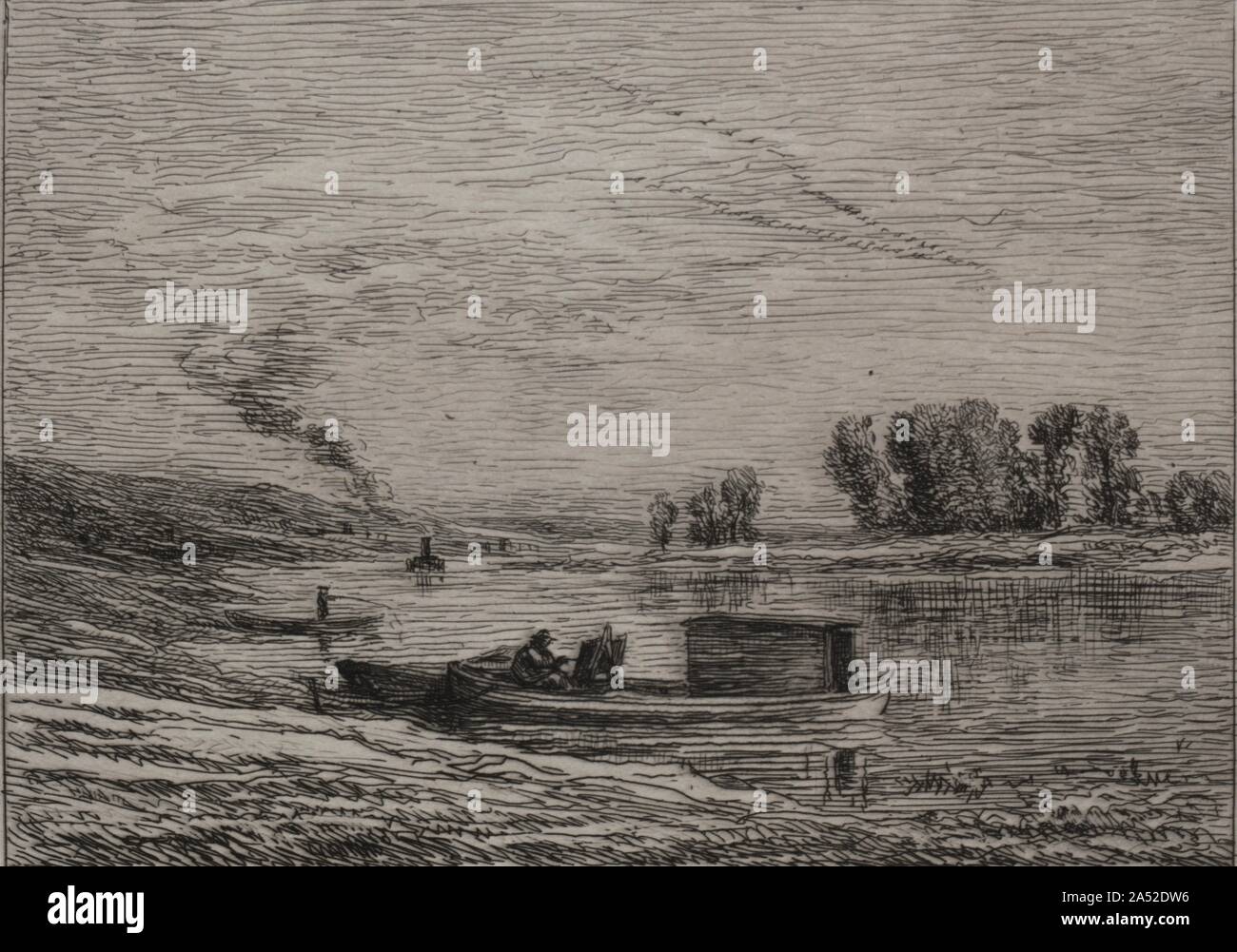 Die Yacht in Conflans, 1866. In enger Zusammenarbeit mit der Schule von Barbizon Künstler verbunden, Daubigny begann seine Karriere Malerei Landschaften im Wald von Fontainebleau. Seine Liebe zum Wasser Szenen führte ihn unzählige Stätten entlang der Flüsse in Frankreich darzustellen. 1857, Daubigny startete seine "botin," das Studio Boot, die Entwicklung seiner Plein gefördert - eine ästhetische, indem Sie ihn zu malen, während der Reise der französischen Wasserstraßen, wie der Oise, der Marne, und der Seine Flüsse. Diese radierung der Künstler in seinem "schwebenden Studio" von Voyage en Bateau, ein Album mit Radierungen rec Stockfoto