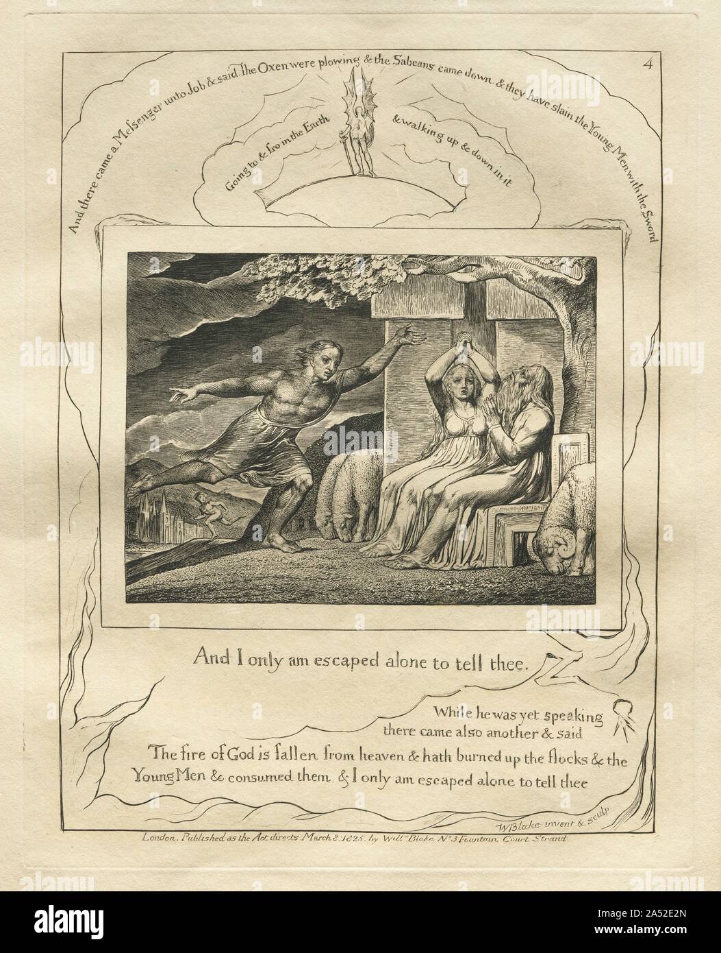 Das Buch Hiob: Pl. 4 Und ich bin allein entronnen, daß ich dir sage, 1825. Stockfoto