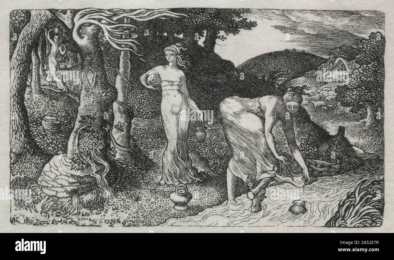 Der Bach, 1829. Calvert war so beeinflusst durch William Blake's Holzstiche, die Herde seiner Weide direkt basiert auf einer Abbildung für die PASTORALS von Virgil (in der Nähe). Calvert, aber auch mehr als Blake, die Fähigkeit der Holzstich die heikelsten Detail zu erreichen ausgenutzt, so erstaunlich, in diese Miniaturen. Die calvert Gegenstand aus einer Vision des goldenen Zeitalters der pastoralen Unschuld und Fülle, die sowohl Christliche und klassische Obertöne entstanden. Die Frauen in den Bach ähneln Zahlen auf antike Edelsteine geschnitzt, und die baumstümpfe symbolisieren die Tran Stockfoto