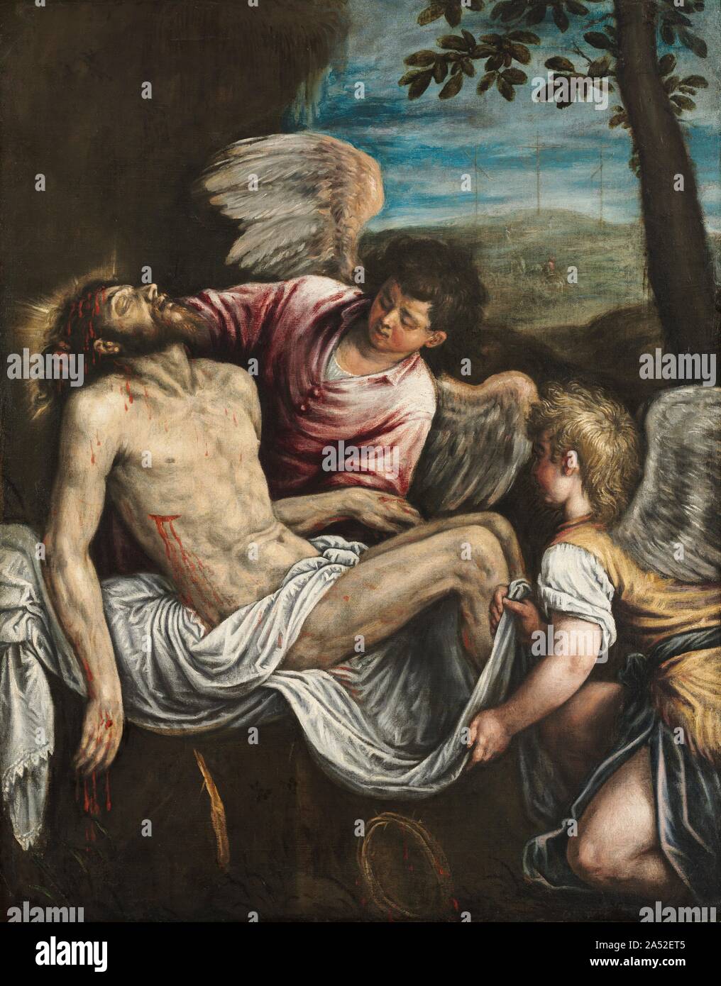 Der tote Christus mit Engeln, C. 1580. In dieser Szene, zwei Engel dargestellt, die der Leib Christi nach seinem Tod. Der Künstler, Leandro Bassano, kam aus einer Familie von Malern &#x2014; sowohl sein Vater und Großvater waren Künstler, wie seine Brüder, Francesco und Gerolamo. Leandro in erster Linie arbeitete in Francesco's Studio in Venedig, übernahm er nach dem Tod seines Bruders im Jahre 1592. Leandro ist am besten als Porträtmaler bekannt, in einem Stil, der häufig mit, dass der großen venezianischen Künstlers, Tintoretto im Vergleich zu arbeiten. Andere Versionen von diesem Gemälde sind in den Sammlungen der Galleria Colo Stockfoto