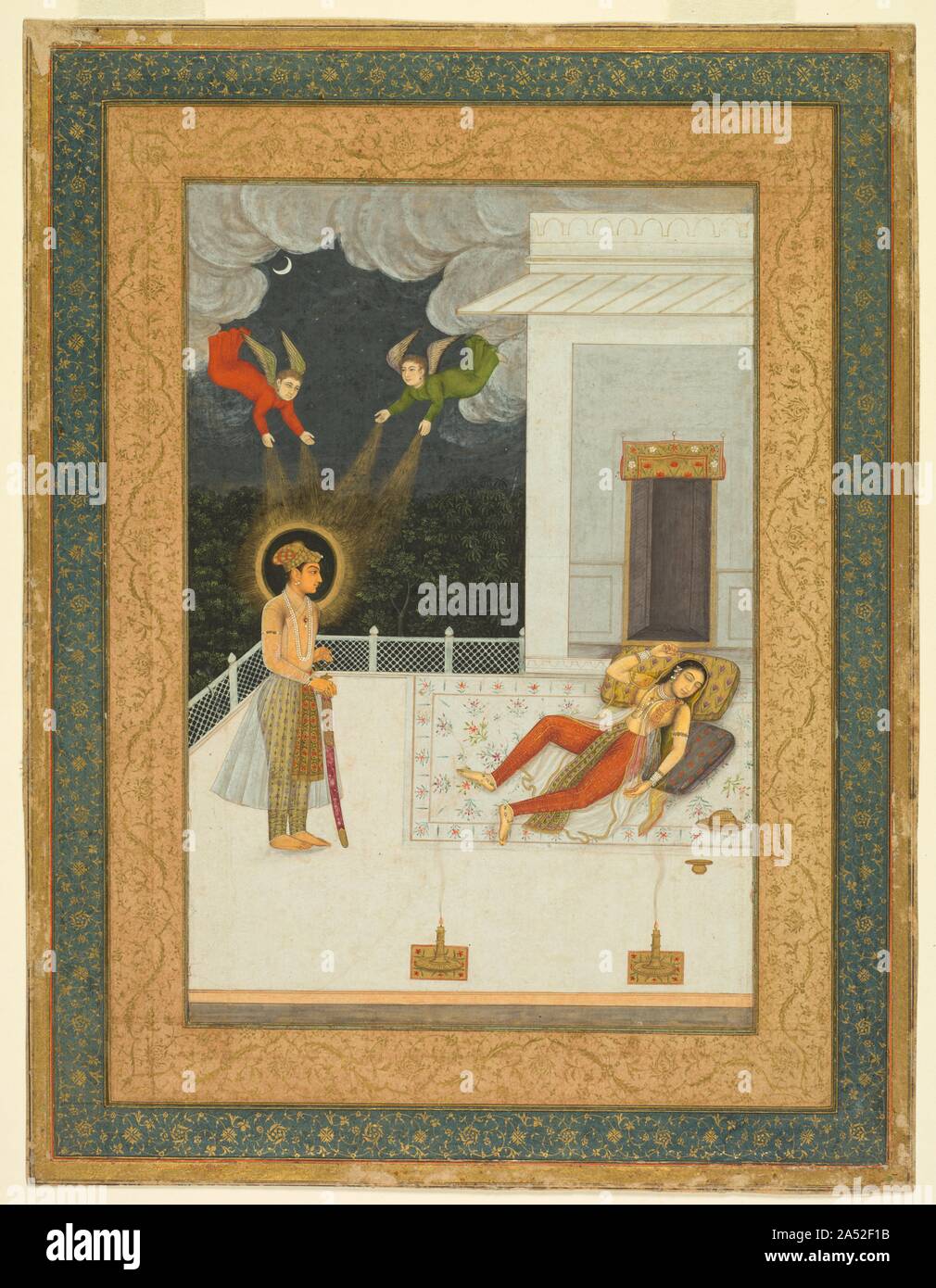 Der Traum von der Zulaykha von der Amber Album, C. 1670. In den islamischen Texten, wie sie in der Hebräischen und der christlichen Alten Testament Traditionen, Zulaykha ist die namenlose Frau des Potiphar, einem wohlhabenden Ägyptischen. Diese Szene ist von einem populären Persische Gedicht erzählt die Geschichte von Josef und Zulaykha als mystische Romanze, und beschreibt ihre visionäre Träume von einem schönen Geliebten. Auf diesem Gemälde sehen wir die luxuriös gekleidet Zulaykha schlafend auf einer Terrasse liegend auf verzierten Kissen als Vision der Liebe, Joseph, erscheint vor ihr. Er ist durch strahlendes Licht beleuchtet, die von Engeln, die sich aus den dunklen nig Cast Stockfoto