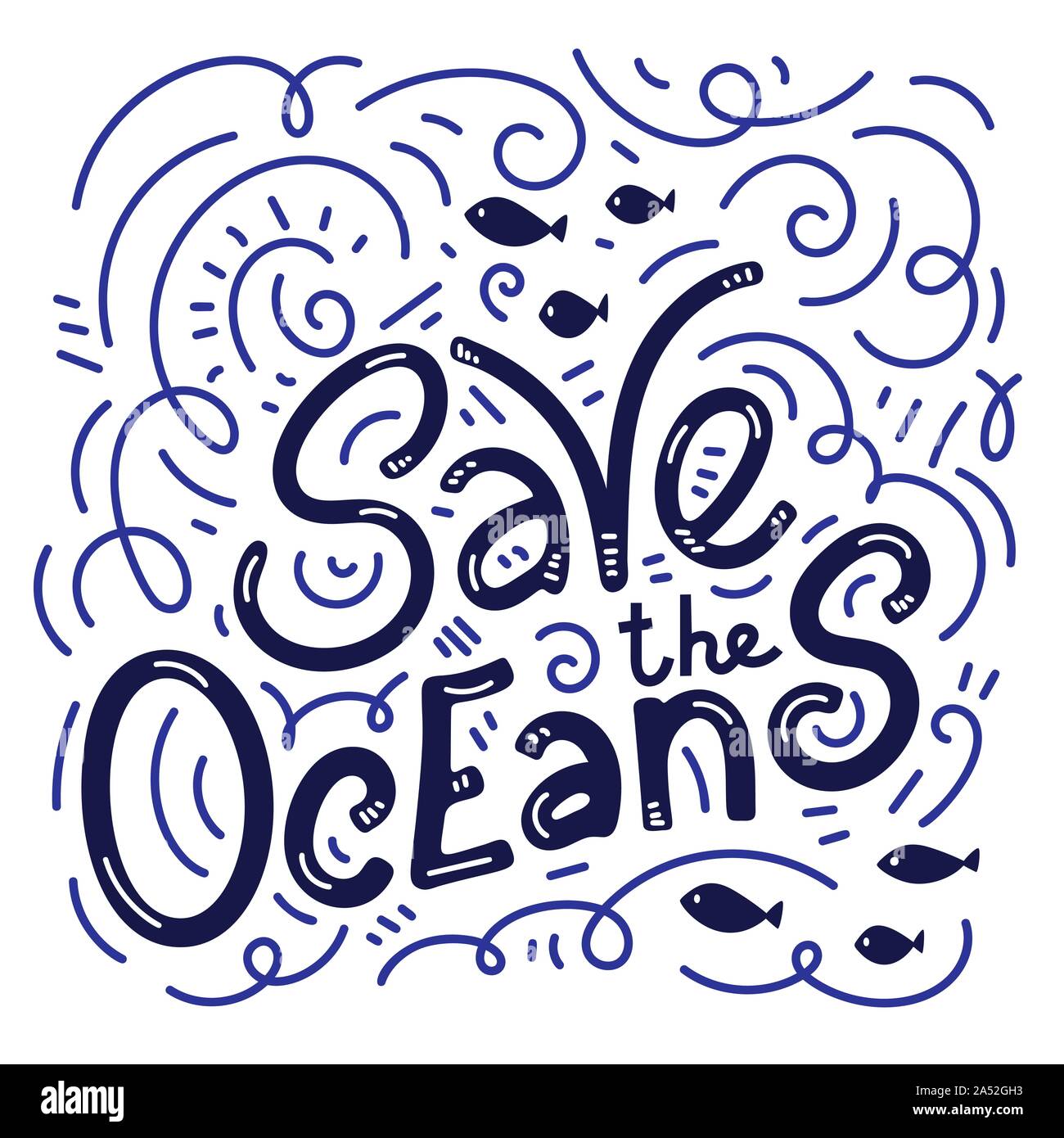 Speichern Sie die ocean Hand gezeichnet Schriftzug. Vector Illustration. Ozean Konzept schützen. Motivierend phrase Zitat Stock Vektor