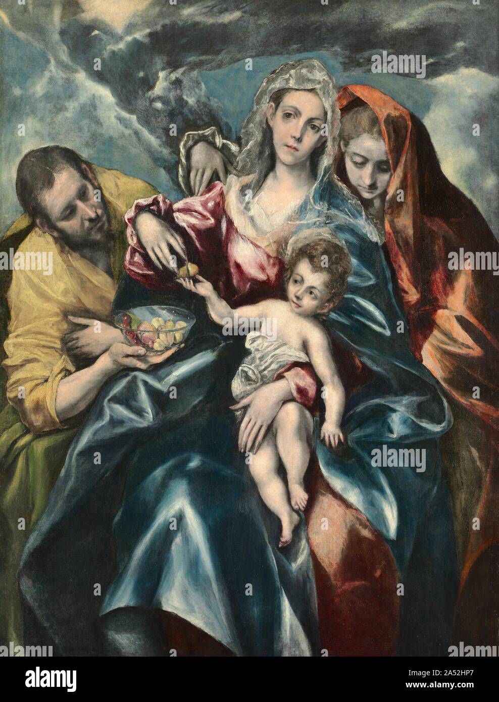 Die Heilige Familie mit Maria Magdalena, C. 1590-1595. Die scheinbar schwerelos Figuren, die startling Farbkombinationen, und die Moody, ungenaue Einstellung alle anzeigen El Greco &#x2019;s Interesse an der Vermittlung der intensiver Spiritualität der diese Zahlen eher als ihre konkrete Realität. Vor allem die Malerei an Maria &#x2019;s Rolle als Vermittler zwischen Christus und dem Betrachter. Sie unterstützt ihren Sohn, aber Ihre fernen Blick zeigt das Bewusstsein für sein Schicksal. Maria feeds Jesus Obst statt von Joseph, die voll von symbolischer Bedeutung ist, mit dem Apple, die für den Fall des Menschen; Kirschen, das Blut Christi; p Stockfoto