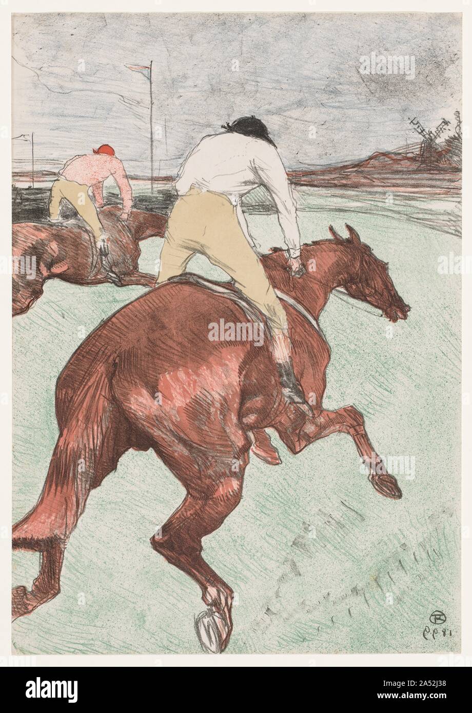 Der Jockey, 1899. Durch die Popularität der Rennen , Henri de Toulouse-Lautrec diese Lithographie sowohl in Farbe, hier gesehen, und in Schwarz und Weiß. Er beabsichtigte, die farbige Version in einem Portfolio von Horse-racing Themen zu veröffentlichen, aber das Projekt nie zum Tragen kommen und Jockey allein veröffentlicht wurde. Bewunderung des Künstlers für Edgar Degas Horse-racing Bilder ist klar in den Jockey, und er teilte die Degas Aufwertung der japanischen Ukiyo-e Holzschnitte. Bestimmte Elemente der Lithographie zeigen den Einfluss der japanischen Holzschnitt: Die gesamte Ebenheit; das gewagte croppi Stockfoto
