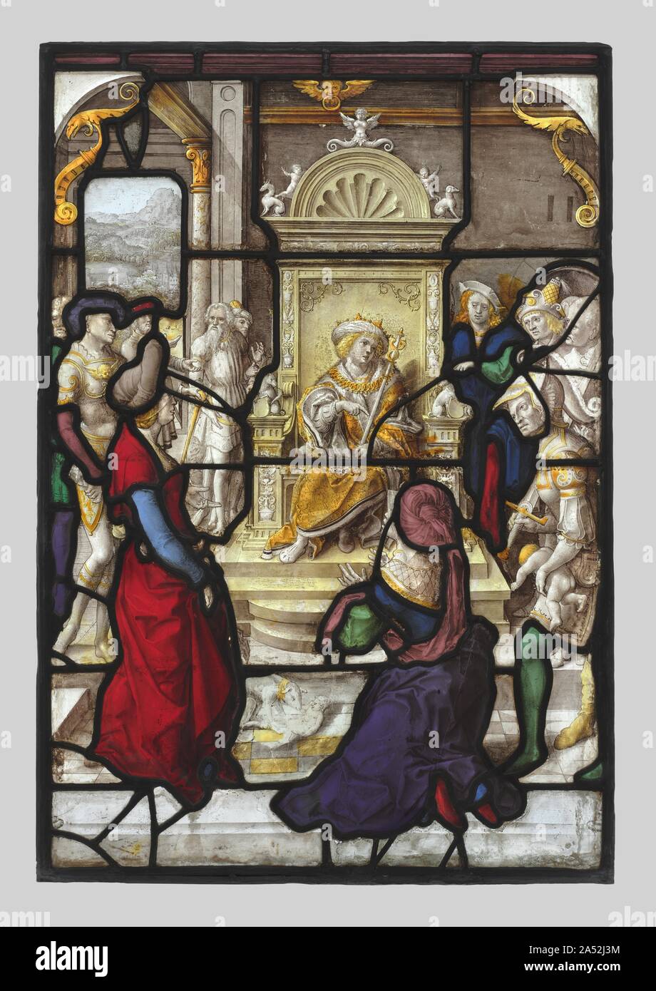 Das Urteil Salomos und Esther vor ahasveros (Paar), C. 1530. Aber auch Maler und Grafiker, Dierick (oder Dirk) Vellert ist am besten als Designer von Glasmalerei bekannt. Aktiv in Antwerpen, wo er ein Meister der Gilde des Heiligen Lukas in 1511, reich verzierten Vellert seine Arbeit mit Girlanden, Masken, Vasen und andere klassisch inspirierten Motiven. Viel sein Glas exportiert wurde. Als Kupferstecher, seine druckt ein gutes Angebot an Albrecht D Schulden &#xfc; rer und Luca van Leyden. Diese beiden Panels zeigen berühmte Ereignisse aus dem Alten Testament mit der Darstellung des Jüngsten Gerichts. Beide können h Stockfoto