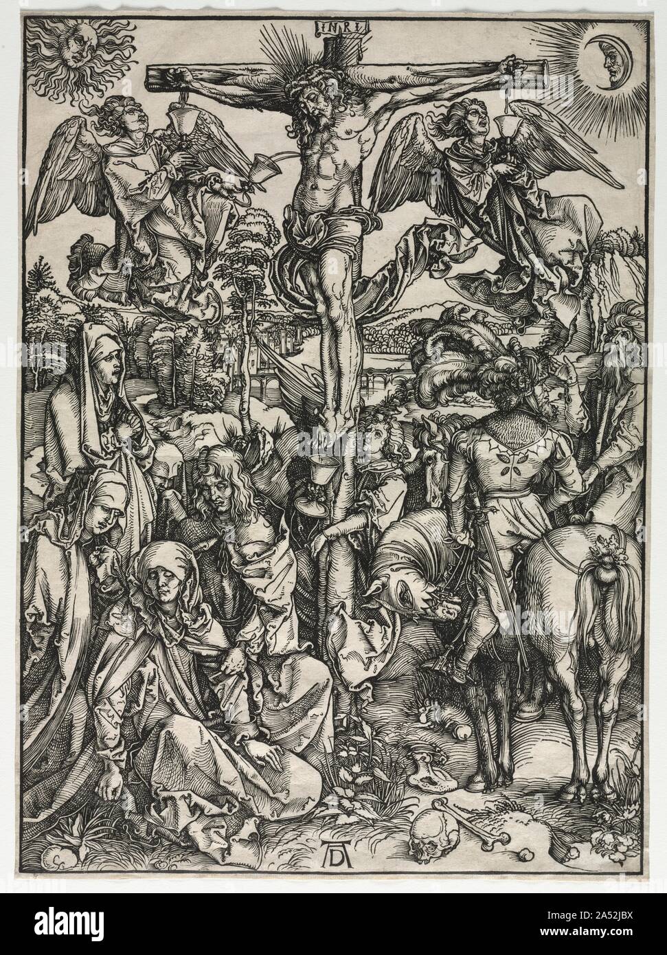 Die große Leidenschaft: die Kreuzigung, C. 1497-1500. Dü rer aus sieben der zwölf Holzschnitte für die große Leidenschaft zwischen 1497 und 1500 und dann produziert vier zusätzliche Holzschnitte in 1510. Im folgenden Jahr veröffentlichte er die Serie in Buchform mit einem Titelblatt und lateinischen Verse komponiert von Benedikt Schwalbe. Die nürnberger Mönch und der Dichter text wurde auf der Rückseite der Blätter gedruckt. Gleichzeitig Dü rer gedruckt eine zweite Auflage der Apokalypse und die erste Ausgabe des Lebens der Jungfrau (siehe die Apokalypse: die Vier Reiter und Eindrücke aus dem Leben der Jungfrau in der Nähe). T Stockfoto