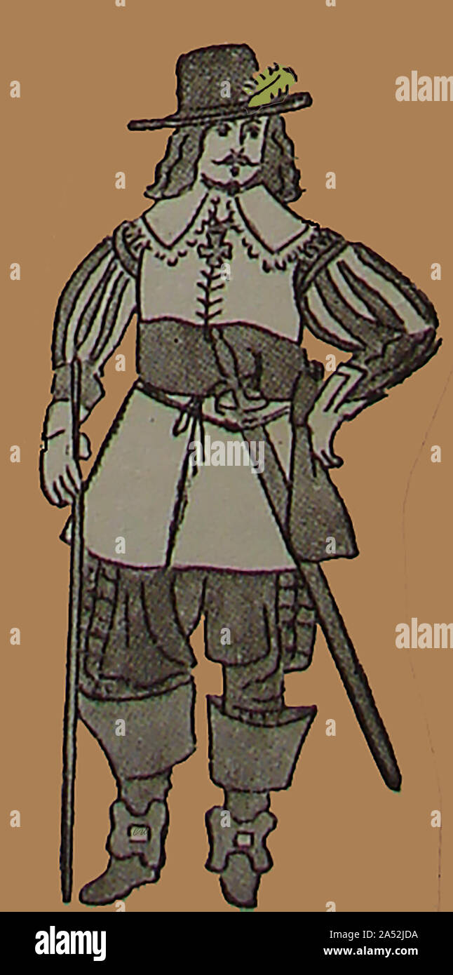 Kostüm aus dem 17. Jahrhundert Cavalier mit Leder buff-Mantel, zerschnitt Wams und weiß getrimmt Kragen Stockfoto