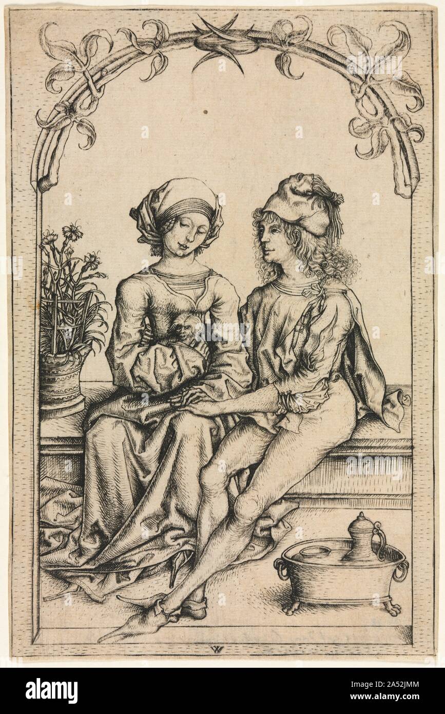 Die Liebenden (nach dem housebook Master), C. 1490. Die Liebhaber ist, Darstellungen der Garten der Liebe, eine beliebte Kulisse für Romantik in ritterlichen Literatur, und schildert die Ideale der höfischen Liebe als edler und inspirierende Beziehung durch die treue und gegenseitige Hingabe aus. Die housebook Master zuerst ausgeführt, die Liebhaber, von denen nur zwei mittelmäßige Eindrücke bekannt sind. Wenzel &#x2019;s getreue Kopie, das bewahrt die subtile Psychologie der Liebe und Hingabe in der ursprünglichen ausgedrückt, ist auch extrem selten; sechs Eindrücke existieren, aber nur eine ist so fein wie das Museum & Stockfoto