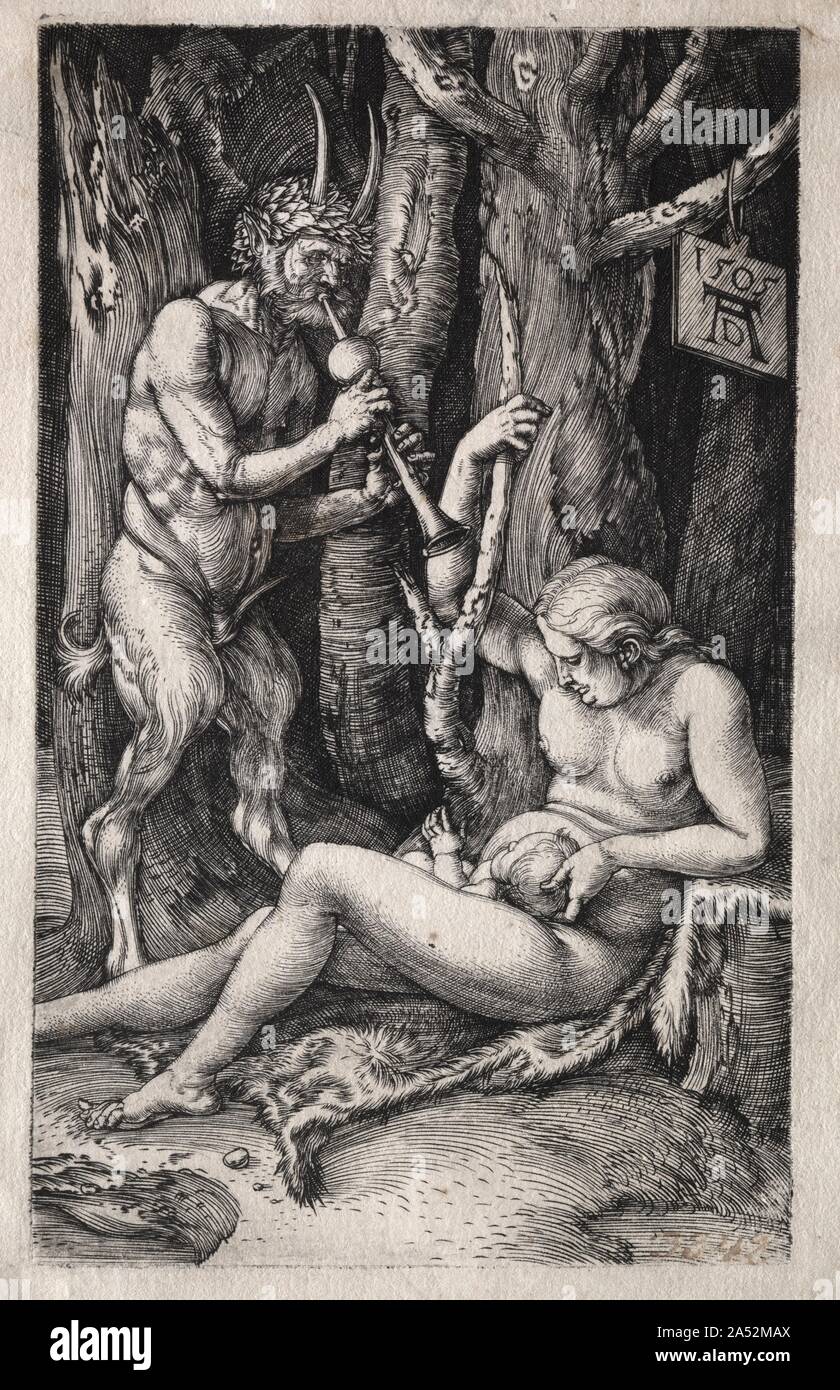 Der Satyr Familie, 1505. Dü rer ’s Interesse an mythologische Bilder aus seiner Vertrautheit mit der Italienischen Renaissance. In diesem zweideutigen Gravieren, Dü rer a Satyr - eine hybride woodland Kreatur, die in der Regel mit Lust verbunden sind - in die Rolle von Vater und Familie Mann dargestellt. Anstelle der Zechenden im Wald, spielt er Musik zu seinem neugeborenen Kind. Dü rer ’s auf die Mutter und das Kind Thema und der Satyr Spielen ’s unkonventionelle väterliche Verhalten lenkt die Aufmerksamkeit auf eine ursprüngliche und vereinfachte Art und Weise des Lebens. Im Gegensatz zwar, die Gruppe ruht in einem Unwirtlichen dichten Wald Stockfoto