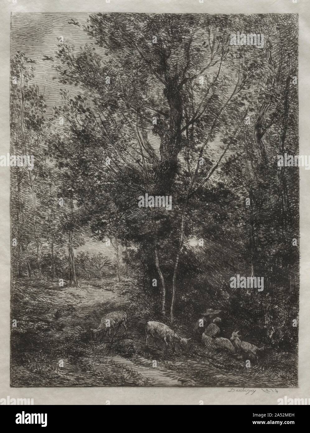 Die Hirten und die Schäferin, 1874. Obwohl ätzen in Frankreich in Ungnade gefallen war, Daubigny begann original Radierungen in den 1840er Jahren zu produzieren. Die Wiederbelebung dieser Technik begann zu beschleunigen, und im Jahre 1862 das Soci&#xe9;t&#xe9;des Aquafortistes (Gesellschaft der Etchers) wurde von Alfred Cadart, die in der Veröffentlichung viele Alben der Drucke instrumental war organisiert. Außerdem Zeitschriften wie LArtiste (Der Künstler) inklusive original Radierungen, die auch dazu beigetragen, das Interesse an dem Medium zu generieren. Die Landschaft rund um das Barbizon (ein Dorf etwa 30 km südöstlich von Paris), sofern eine Zuflucht Stockfoto