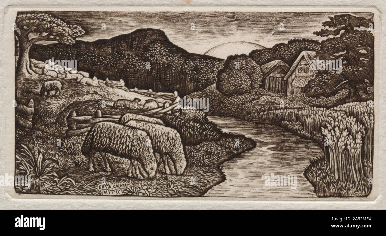 Die Herde seiner Weide, 1828. Calvert war so beeinflusst durch William Blake's Holzstiche, die Herde seiner Weide direkt basiert auf einer Abbildung für die PASTORALS von Virgil (in der Nähe). Calvert, aber auch mehr als Blake, die Fähigkeit der Holzstich die heikelsten Detail zu erreichen ausgenutzt, so erstaunlich, in diese Miniaturen. Die calvert Gegenstand aus einer Vision des goldenen Zeitalters der pastoralen Unschuld und Fülle, die sowohl Christliche und klassische Obertöne entstanden. Die Frauen in den Bach ähneln Zahlen auf antike Edelsteine geschnitzt, und die baumstümpfe Sym Stockfoto