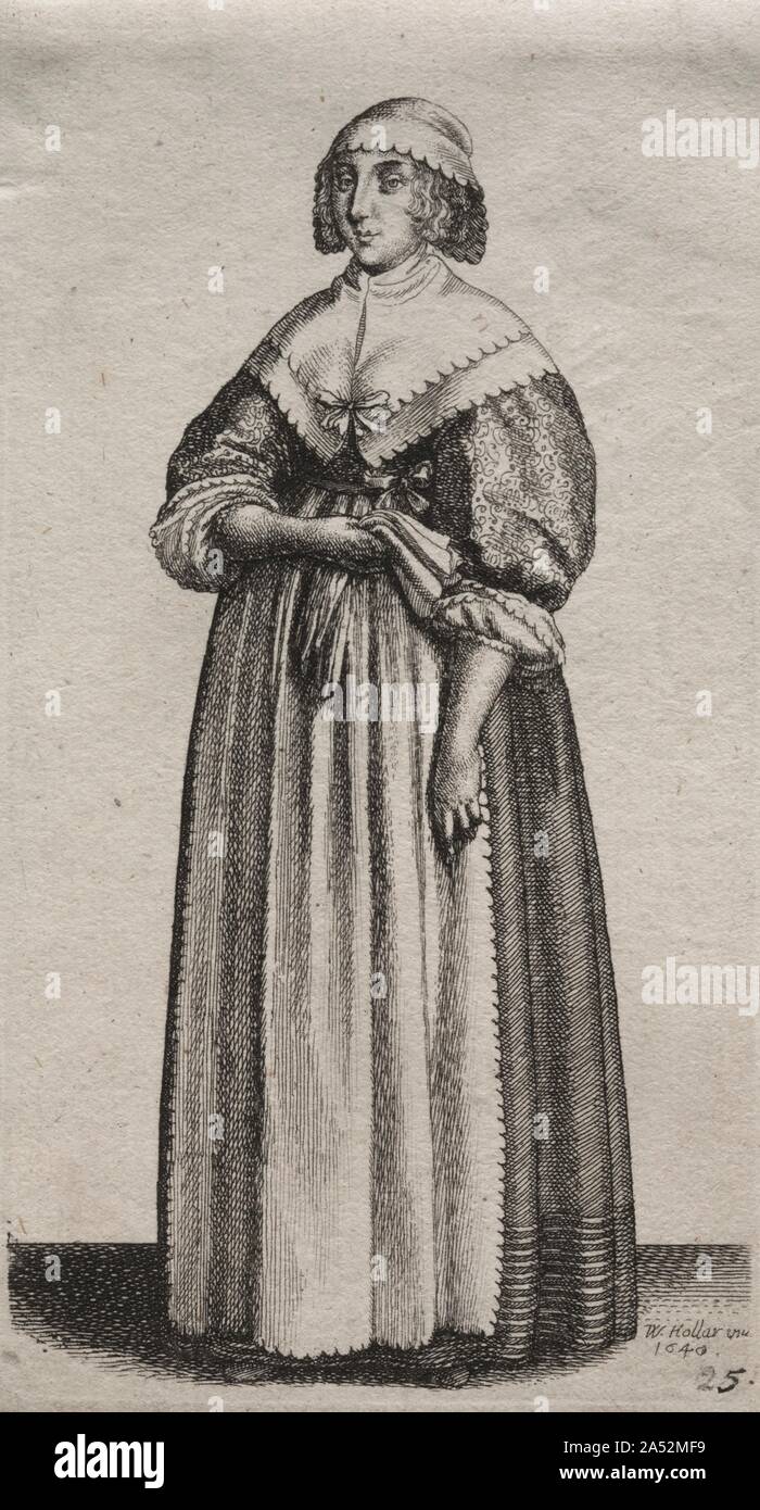 Die verschiedenen Gewohnheiten der englischen Frauen, von Adel der Land Frauen, wie sie in diesen Zeiten: Die Frau, die mit Handschuhen, 1640. Stockfoto