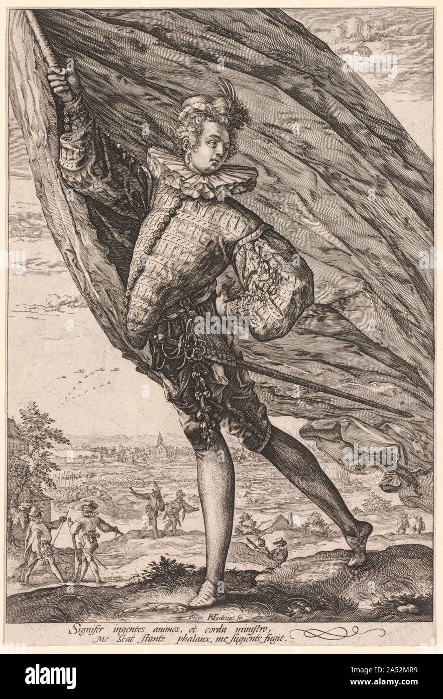 Der Standartenträger, nach Links, 1587 gedreht. Um 1587 Goltzius zeichnete Entwürfe für 12 Drucke von Offizieren und Soldaten im Querformat Einstellungen, die von seinem Schüler Jacques de Gheyn II eingraviert waren Goltzius selbst eingraviert ein paar Drucke, der Kapitän der Infanterie und Der große Hoffnungsträger. Eine zentrale Figur in der Armee und den zivilen Schutz, der standartenträger markiert die Position des Kapitäns. In dieser Zeit, die Niederlande versuchten, ihre spanische Herrscher zu stürzen und diese Drucke wurden als flamboyant Ausdrücke der militärischen Stolz konzipiert. Stockfoto