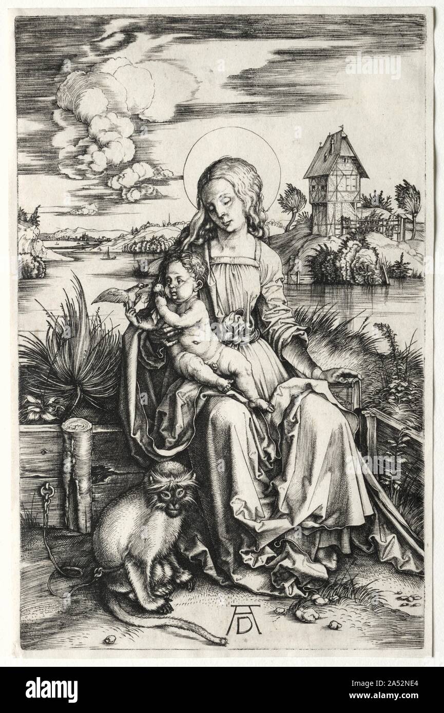 Die Jungfrau und Kind mit einem Affen, C. 1498. Wie seine frühesten Gravur des Themas, D&#xfc; rer porträtiert die Madonna und Kind innerhalb eines geschlossenen Garten. Zusätzlich zu den Garten, der zu Maria bezieht sich &#x2019;s Jungfräulichkeit, der Künstler auch andere Elemente, die jede Referenz Abbildung &#x2019;s religiöse Bedeutung. Der Vogel von Christus Kind gehalten stellt die Seelen, die durch sein Opfer gerettet werden, während die verketteten Affe, ein Symbol für Lust und Gier, unter der Madonna &#x2019;s Einfluss gezähmt wird, damit ihre Reinheit und Tugend zu stärken. Nur wenige Jahre später als seinen Heiligen Fami Stockfoto