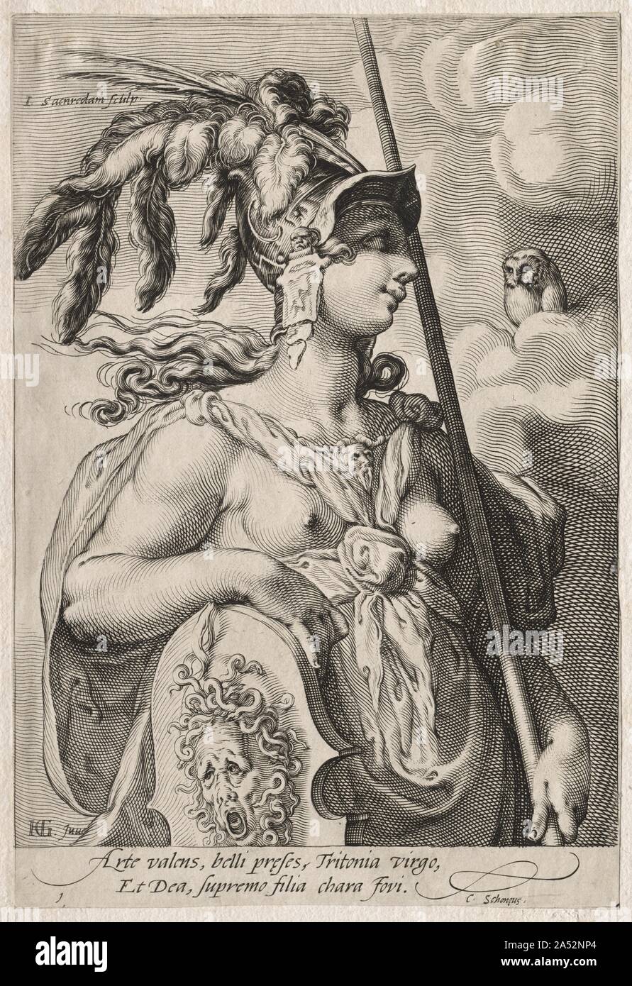 Drei Göttinnen, C. 1595. Goltzius popularisierte eine Art der Gravur in der hypnotisierende Muster der geschwungenen, spitz zulaufend und kreuz und quer durch Linien; es war besonders in den späten 1500s geschätzt. Konzipiert für seinen Schüler Saenredam zu gravieren, diese Drucke zeigen die drei Göttinnen aus der Geschichte von dem Urteil des Paris, in denen jeder den goldenen Apfel zu den Schönsten ausgezeichnet behauptet. Jupiter latente Urteil nach Paris, ein Sterblicher geschätzt für seine faire Offenheit. Juno und Athena versuchte Paris mit einem Empire und Fähigkeit im Krieg zu bestechen, aber Venus machte ihm ein Angebot, das er nicht widerstehen konnte: Helen, die Stockfoto