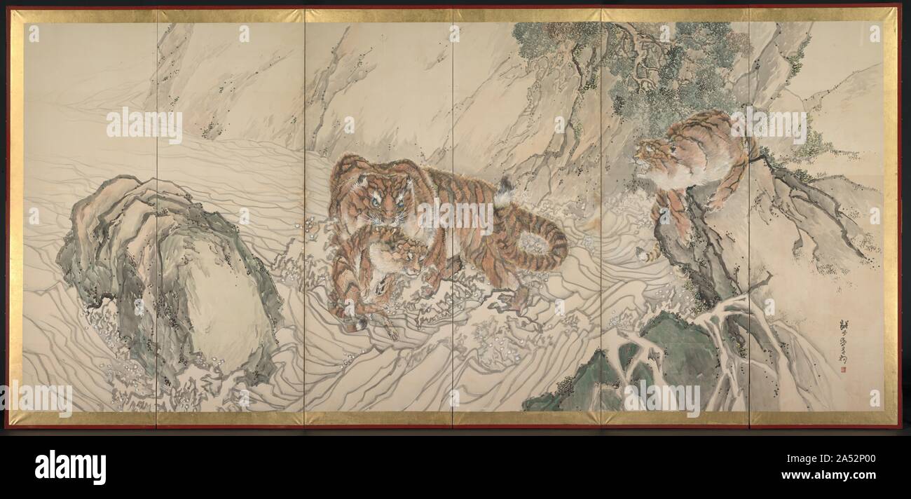 Tiger Familie, Anfang 1800. Durch die Zeit, dieses Autodidaktischer Maler seinen dreißiger Jahren erreicht, seine Bilder waren scharf nach Kyoto &#x2019; s anspruchsvolle Gönner, einschließlich Mitglieder der kaiserlichen Familie. Die Beurteilung von den überlebenden arbeitet, seine Fans begeistert in die bunte, Auspicious Bilder der chinesischen historischen Figuren, blühende Pflaumenbäume, Kräne, Pfauen, Hähne, und vor allem der Tiger. Kishi Ganku wurde ursprünglich von der Küstenstadt Kanazawa, aber nach Kyoto verlegt Für den Arisugawa Familie zu arbeiten. Seine Arbeit umfasst Stilelemente aus dem Kano Schule, Maruy Stockfoto