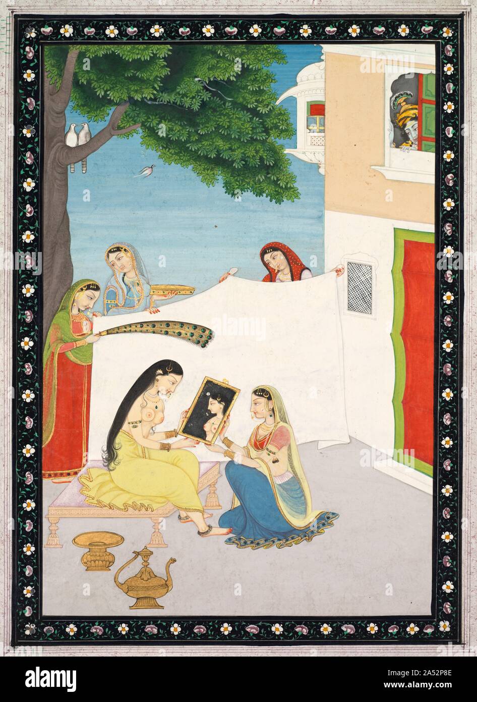 Toilette von Radha, C. 1810-1820. Krishna Spione auf seiner geliebten Radha als sie Kleider für den Tag. Eine Telefonzentrale hält einen Spiegel für ihr, während andere ein Blatt und einem schneebesen von pfauenfedern halten. Wie eine poetische Szene gezeigt, dass auch in unserer privaten und intimen Momente, die uns Gott sehen können. Stockfoto