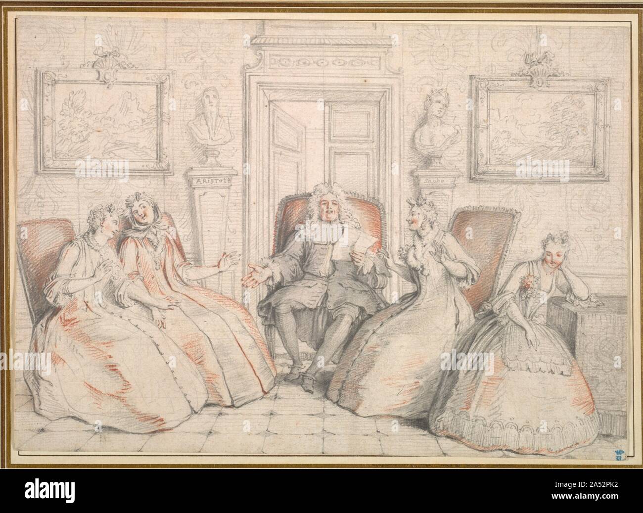 Lesen trissotin Philaminte, B&#xe9;Lise und Armande (aus Akt 3, Szene 2 von Moli&#xe8; "Les femmes Savantes des Re", wahrscheinlich C. 1725-1726. Der Sohn von Antoine Coypel (deren Zeichnung ist zu sehen in der Nähe), Charles Coypel war ein Dramatiker sowie als Künstler, so sein Verständnis des Theaters tiefer war. Dies ist der einzige bekannte Zeichnung für die Serie der Drucke Coypel nach Szenen aus berühmten Werke der großen Dramatiker Moli&#xe8;Re (ca. 1622-1673). Für das Thema dieser Zeichnung, Coypel wählte eine berühmte Szene aus dem gelernt, Damen, in der die pompösen Tutor, Trissotin Stockfoto