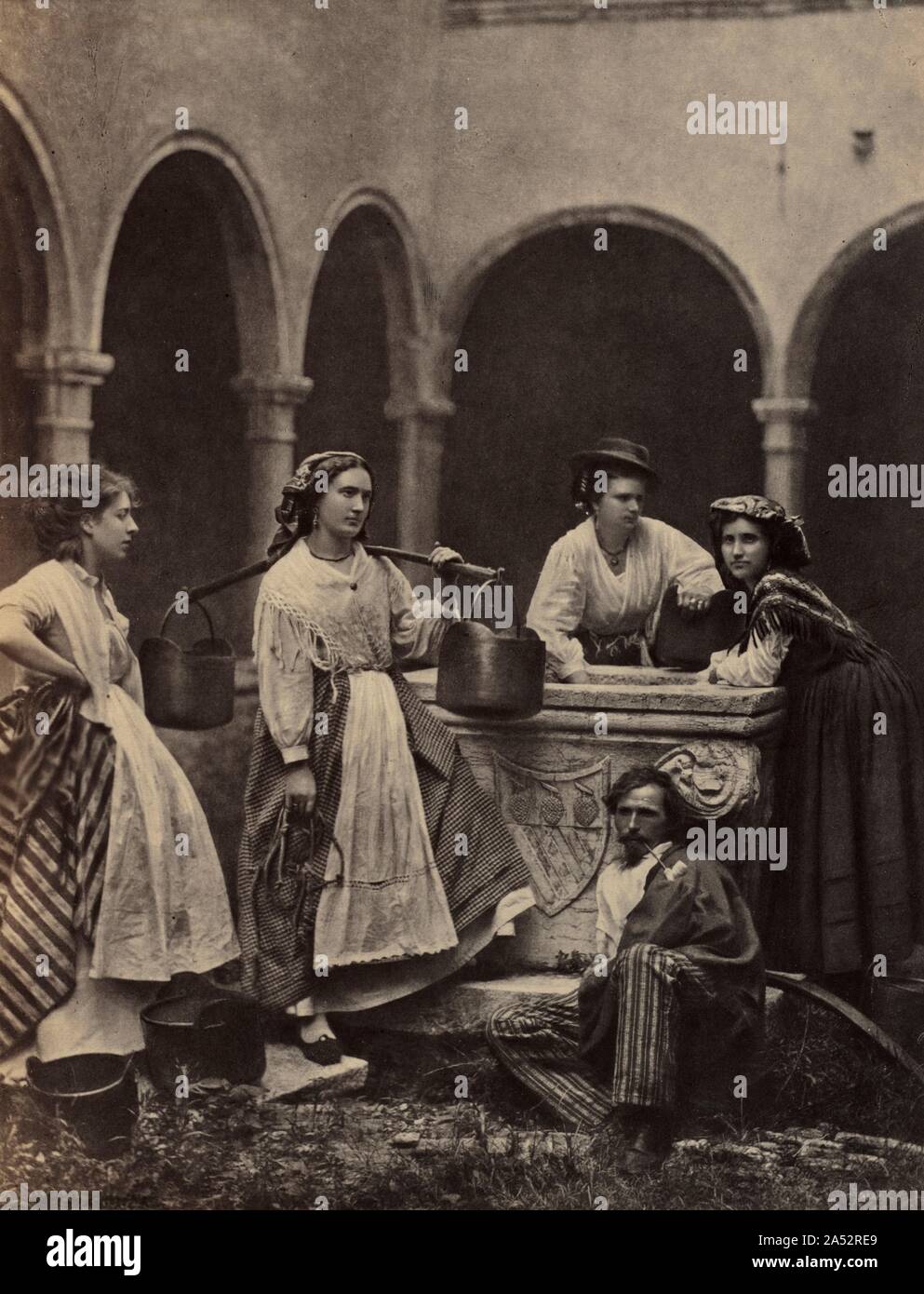 Untitled (Genre Szene mit vier Frauen und ein Mann), Ende des 19. Jahrhunderts. Stockfoto