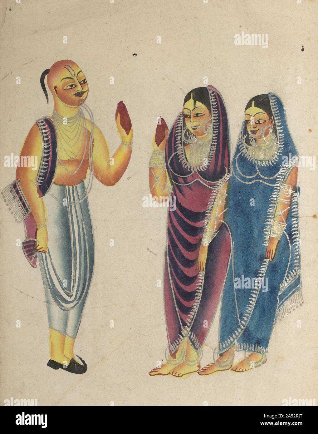 Vaishnava Anhänger mit zwei Frauen, 1800. Hier ein Verehrer von Vishnu ist das Tragen von Schuhen und Mit einiger Ironie als ein modischer Anhänger, oder vielleicht bloß posiert als orthodoxe dargestellt. Kalighat Künstler oft heuchlerisch Vaishnava Mendikanten, deren Absichten mit ahnungslosen Frauen weit von Unschuldig waren. Auf seiner Stirn findet man sektiererische Marken Getragen von Anbeter von Vishnu. Der Mann &#x2019;s rechte Hand und eine der Frauen &#x2019;s, linke Hand, beide statt Aloft, rot gefärbt sind, vielleicht, um zu zeigen, dass Sie mit Henna verziert waren. Stockfoto