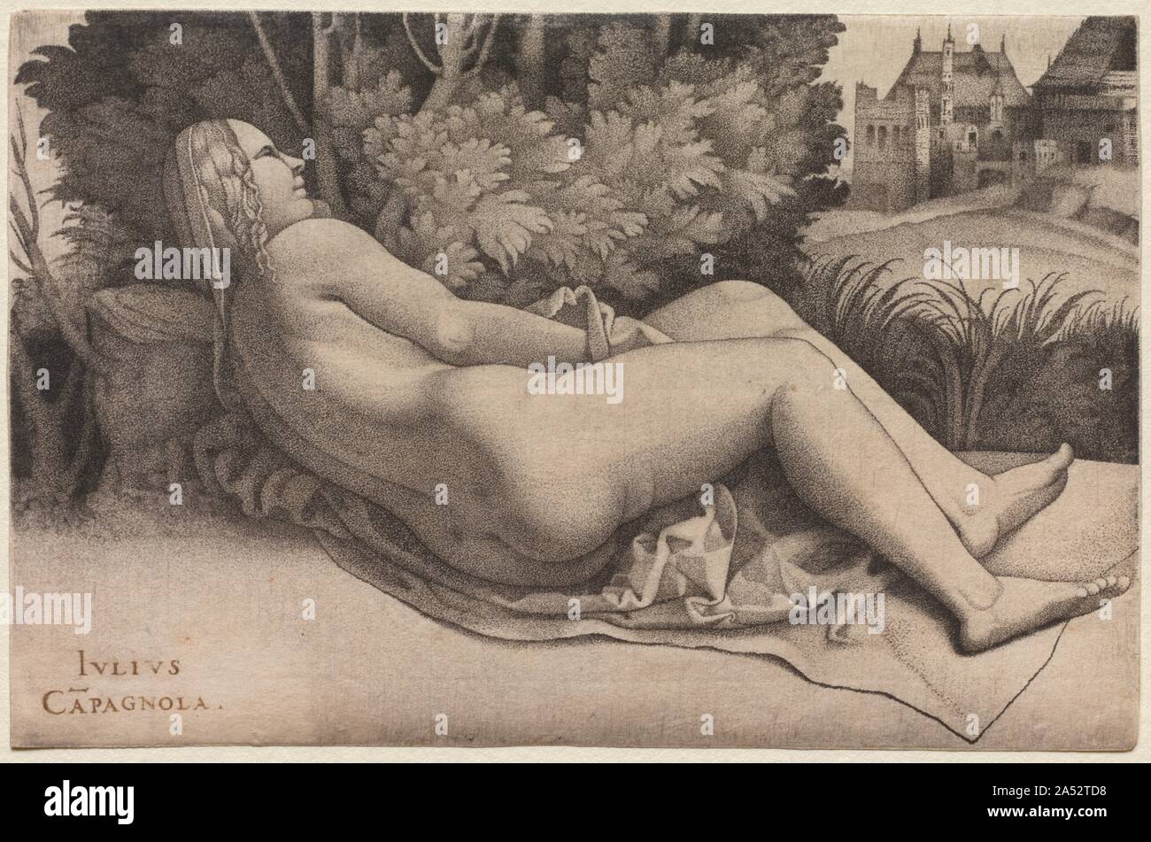 Venus in einer Landschaft, C. 1508-9. Campagnola Walze eingeführt, eine Technik, bei der Schattierung mit dots produziert von der Stelle, an der der Stichel erstellt wird, eine Innovation, die für eine viel größere Palette von Farbtönen von weiß bis schwarz erlaubt und ein kontrollierbarer abgestuften Übergang zwischen helleren und dunkleren Bereichen des Bildes. Dichtfläche Campagnola geholfen, die Wirkung von Sfumato erreichen, subtile Abstufungen von Hell und Dunkel zu modellieren Figuren, die Giorgione in Malerei an der Zeit verwendet wurde. Der Einfluss der und vielleicht sogar die Stecher &#x2019;s Zusammenarbeit mit Giorgione widerspiegeln, Stockfoto