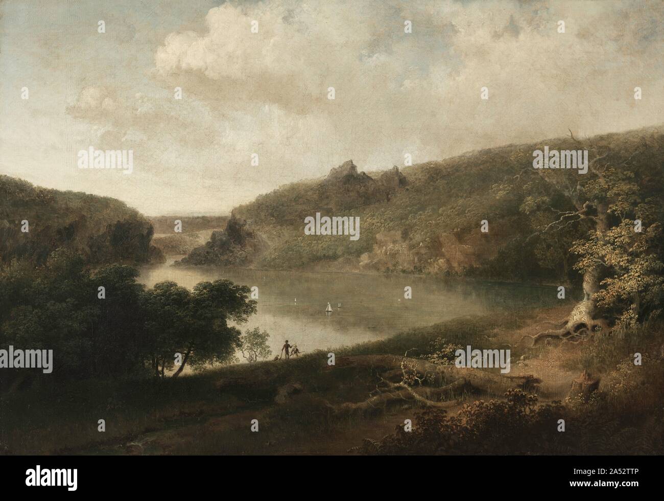 Blick auf den See, C. 1830. Im Gegensatz zu den vielen amerikanischen Landschaft Maler, die Vorherrschaft der Natur durch die tobenden Stürmen vermittelt und gesprengt Bäume, Doughty betonte die stille Kraft der Außenwelt in seiner idyllischen Gemälde. Weitgehend Autodidakt, der Künstler oft aus der Natur zeichnete und gekonnt seine detaillierte observances In weiche, poetische Darstellungen der Landschaft. Diese Arbeit zeigt Liebling Doughty ist Gerät: das Einlegen von kleinen Figuren in der Mitte des mittleren Boden. Die Skala der beiden Jungen am Rand des Sees erlaubt dem Betrachter auf der weitläufigen Landschaft zu konzentrieren, es Stockfoto