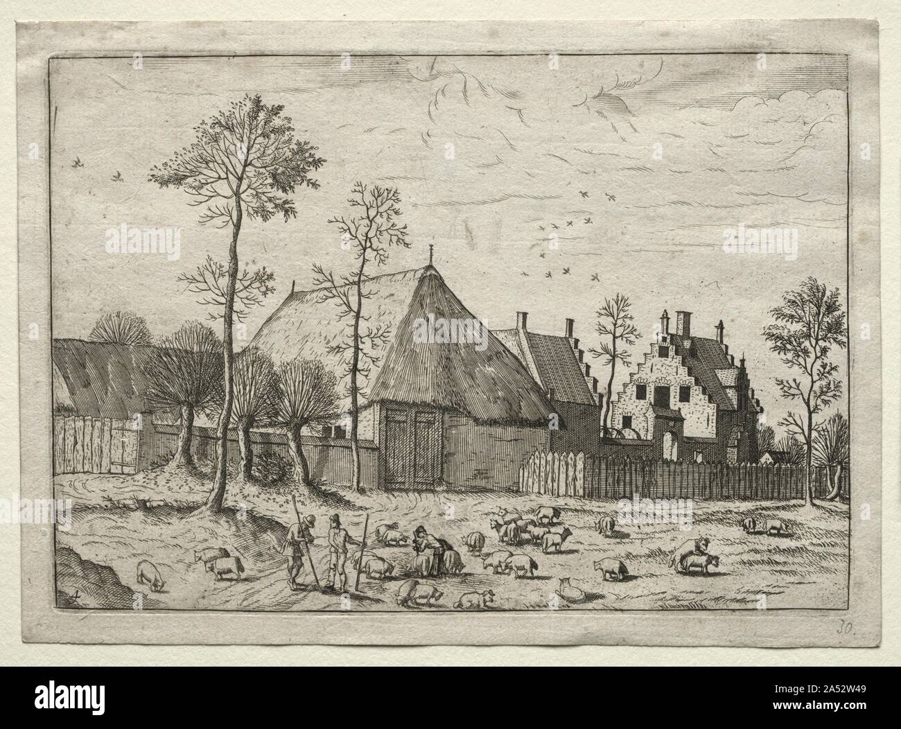 Blick auf Dörfer in Brabant und Kempener: Schäfer mit Herde, C. 1559. Dieser Druck ist aus einer Reihe von 14 Blick auf die Dörfer und Schlösser in Flandern. Jede Seite der Serie eine ähnliche Einstellung dargestellt, und Drehen der Seiten wurde analog zu einer Reise durch die Landschaft. Obwohl die Szenen ein Produkt des Künstlers waren = s Phantasie, sie wurden so realistisch wie möglich zu erscheinen. Diese Serie war einer der Ersten, der solch intime und naturalistische Ansichten zeigen. Die Drucke wurden im frühen 17. Jahrhundert veröffentlicht in Amsterdam und hatte einen großen Einfluss auf die spätere Niederländische Kunst. Stockfoto