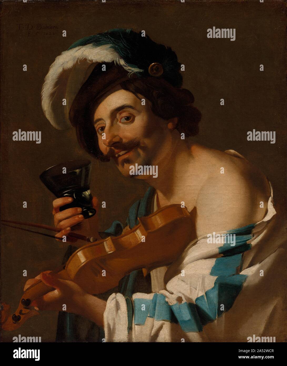 Violine Spieler mit einem Glas Wein, 1623. Ein Eingeborener von Utrecht, Dirck van Baburen verbrachte einige Jahre in Italien und gehörte zu den ersten Künstlern, die Caravaggio &#x2019; s revolutionären Stil in die Niederlande. Ab etwa 1600, die italienische Künstler &#x2019;s schonungslose Naturalismus und starke Lichteffekte hatte Malerei in ganz Europa verwandelt. Annahme Caravaggio &#x2019;s Innovationen, Baburen positioniert seine halbe Länge Musiker so nah an der Bildebene, er scheint in unseren Raum zu projizieren. Ansteckende Spontaneität und Lose, buntes Kleid, markiert ihn als eine Figur an den Rändern der socie Stockfoto