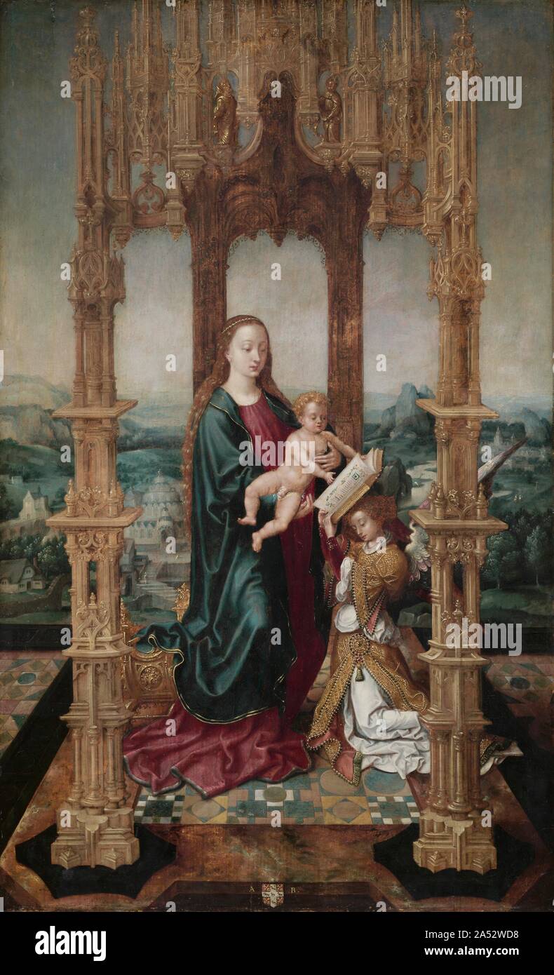 Jungfrau und Kind unter einem Baldachin, 1520 s. Wissenschaftler weiterhin die Identität dieser Künstler und die ursprüngliche Quelle der Malerei zu diskutieren. Das kleine Wappen und Initialen an der Unterseite noch nicht identifiziert worden. Die Arme können eine Familie zu finden, eine Stadt oder ein Bistum. Der Stil scheint zu Brügge Malerei der frühen 1500s zu beziehen, aber die leicht manierierte Behandlung des Kindes nach Antwerpen zeigen können. Stockfoto