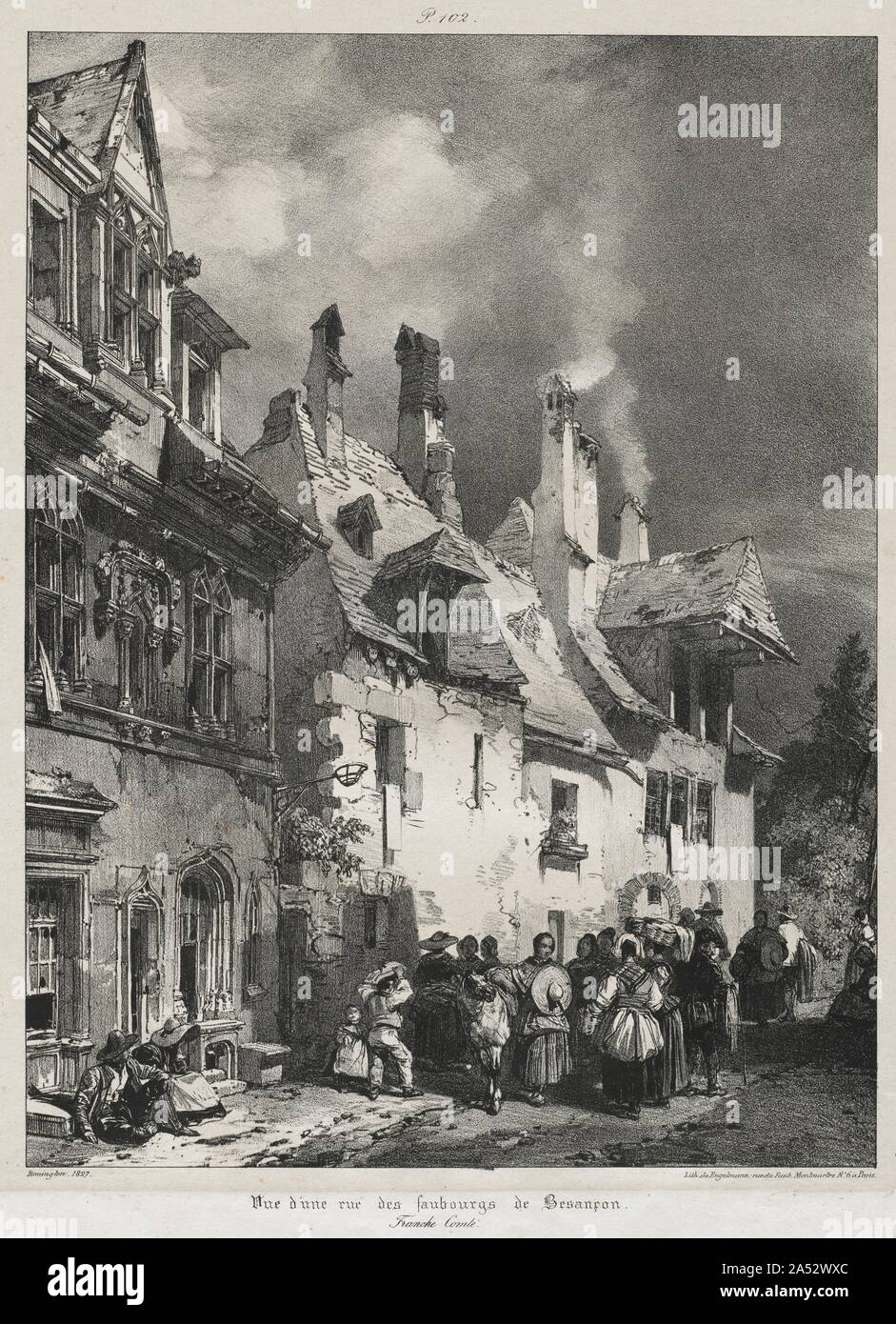 Voyages pittoresques et romantiques dans lancienne Frankreich, Franche-comtéé: Vue dune rue des Faubourgs de Besanç, 1825. Stockfoto