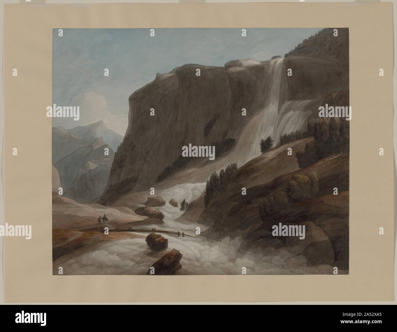 Wasserfall zwischen Chiavenna und Mount Spl &#xfc;gen, 1784. Towne verbrachte ein Jahr Malerei der architektonischen Wunder von Rom und seiner faszinierenden Umgebung auf was war seine einzige Reise auf den Kontinent zu sein. Auf dem Weg zurück nach England reiste er über die Alpen, Italienische Seen, die über die Spl &#xfc;gen Pass in der Schweiz, schließlich in Genf ankommen. Seinen unverwechselbaren Stil, durch eine strenge Einfachheit der Vision geprägt, fand seinen vollen Ausdruck in seinen Blick auf die Alpen, die von einem Gelehrten als "fraglos zu den größten beschrieben von einem Künstler aus dem 18. Jahrhundert von Berg Szen Stockfoto