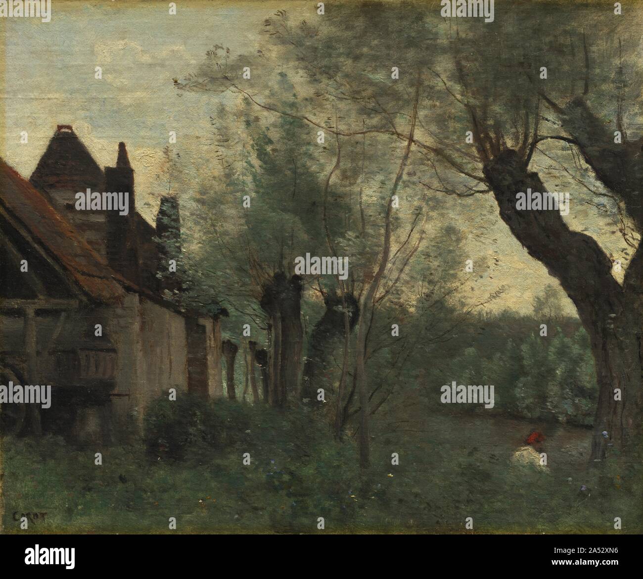 Weiden und Bauernhaus auf Sainte-Catherine-l&#xe8; s-Arras, 1871. Mit seinem ruhigen Wasser und Himmel, flauschige Bäume und andere Laub gesprenkelt mit Licht, dieses Bild ist ein gutes Beispiel für den Stil, Corot Erfolg mit einem breiten Publikum gewonnen. Es war während des Künstlers Aufenthalt in Arras (etwa 100 Meilen nördlich von Paris) 1871 gemalt. Stockfoto