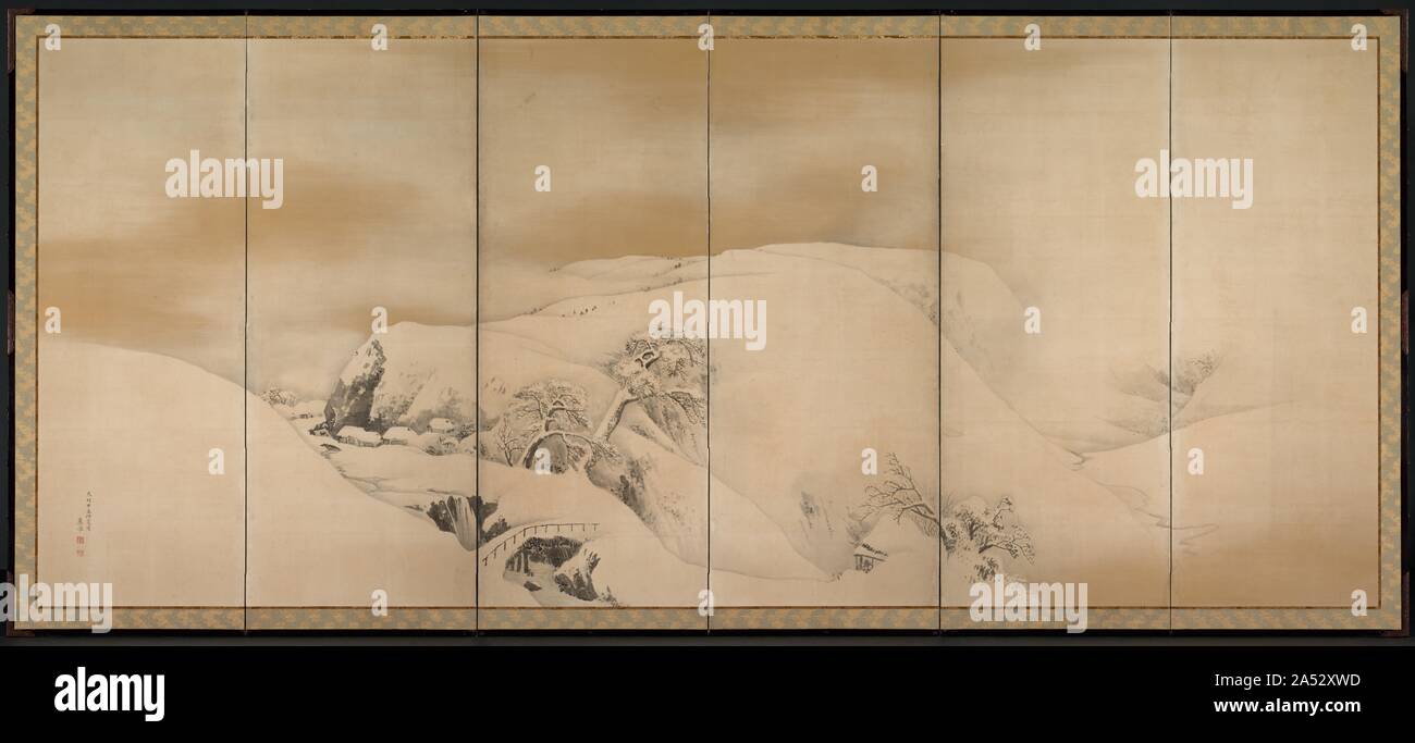 Winter, 1784. Okyo lackiert diese Panoramen im Sommer 1784. Als wichtigste Malerei Lehrer von Kyoto und vollendeter Künstler angesehen, hatte er der westlichen Malerei Techniken untersucht, "realistische" skizzieren aus der Natur und traditionelle japanische Malerei (Yamato-e). Die naturalistische Qualität dieser Szenen ergibt sich aus einer Mischung von detaillierten Beobachtung der Natur und eine Fernbedienung, auch freistehende Hinweis für den Ort des Menschen in der Welt. Stockfoto