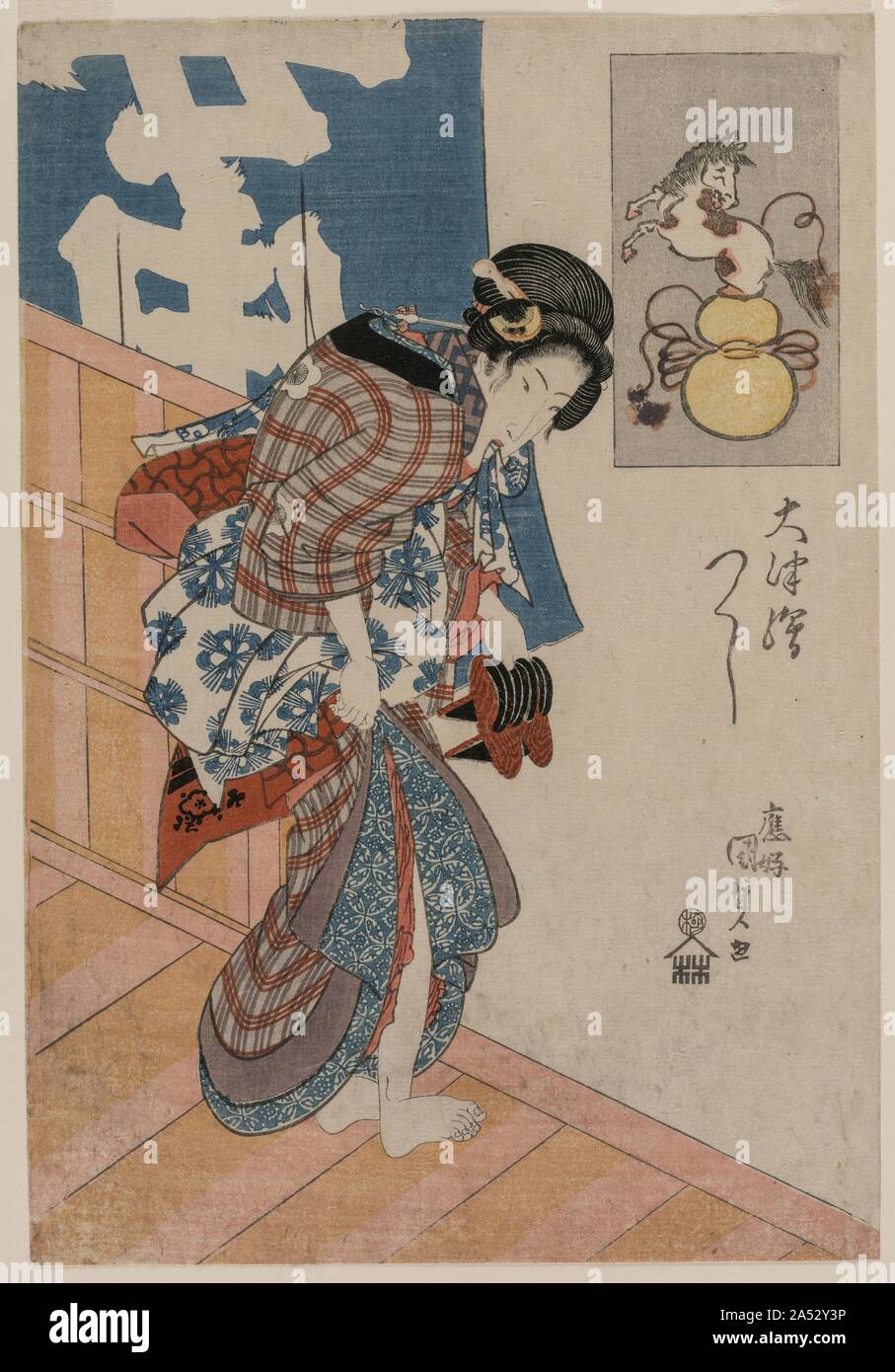 Frau verlassen ein Badehaus (aus der Serie Bilder von otsu), C. in der Mitte der 1820er Jahre. Das Bild von einem Pferd, die sich aus einem Kürbis in der oberen rechten Ecke ist eine Anspielung auf die Geschichte von der Daoistischen unsterblichen Chokaro. Es war ein beliebtes Thema, otsu-e Folk Gemälden. Stockfoto