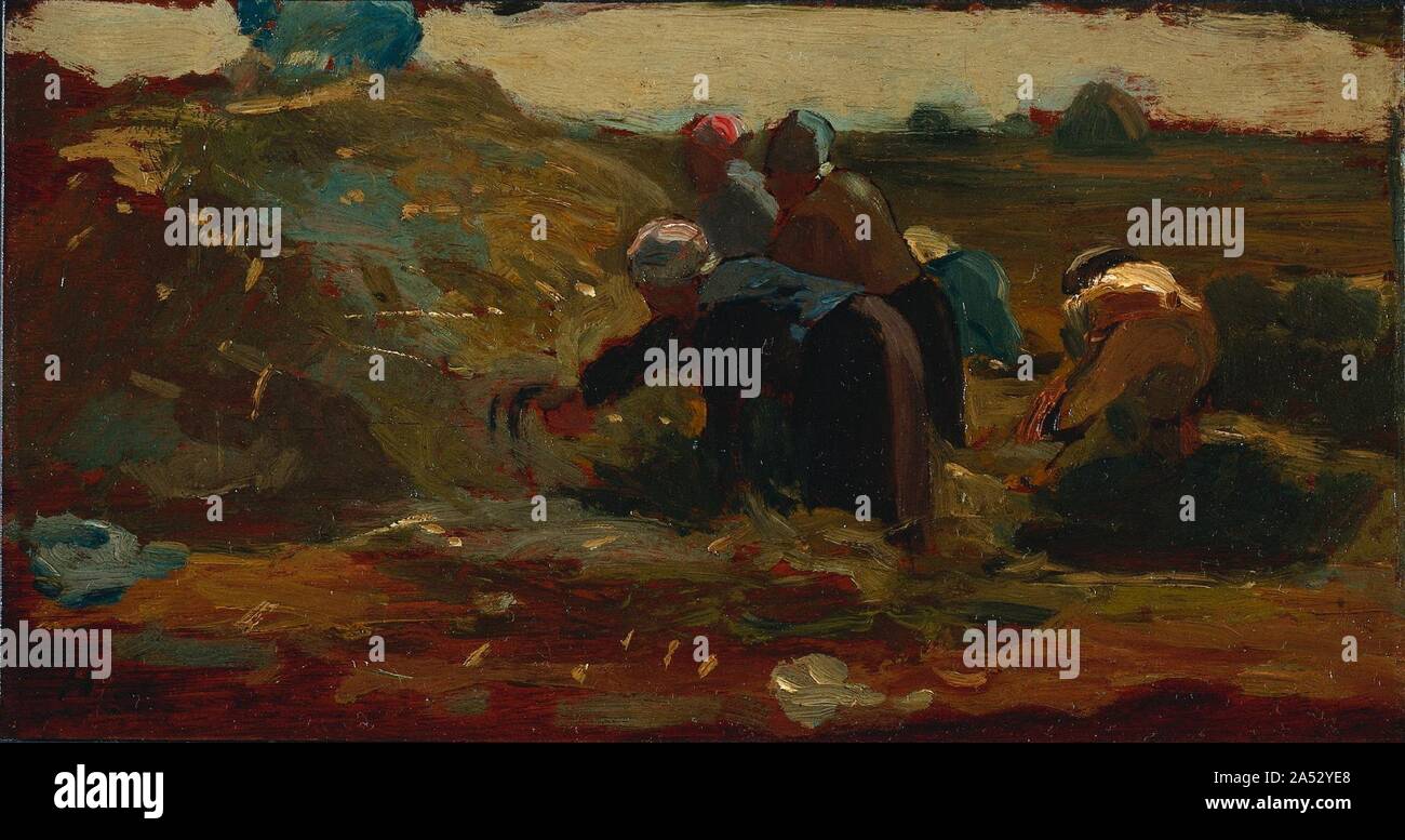 Frauen, die in einem Feld, 1867. Im Dezember 1866, Winslow Homer segelte von Boston für ein Studienjahr in Frankreich. Seit den frühen 1850er Jahren gekannt hatte, die Grundsätze der französischen Malerei, insbesondere im freien Stil der Schule von Barbizon. Viele seiner Künstler Freunde waren in dieser modernen französischen Schule interessiert - unter ihnen William Morris Hunt (1824-1879), der eine umfangreiche Sammlung von Barbizon Gemälde, darunter 10 Werke von Jean-fran&#xe7; ois Hirse (1814-1875). Dieses Gemälde zeigt die Hirse Einfluss sowohl in Gegenstand und Technik, vor allem die kühne Pinselführung und vereinfachter Form Stockfoto