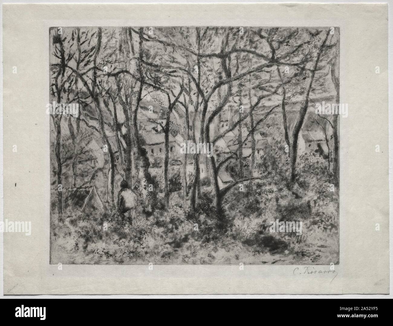 Bewaldete Landschaft bei LHermitage, Pontoise, 1879. Camille Pissarro, ein Maler von Farbe fasziniert, war auch ein hervorragender Graphiker. Der Reichtum und der Erfindungsreichtum seiner technischen Vokabular ermöglichte ihm Ausdrucke, die voll und ganz seinen malerischen Ziele reflektiert zu erstellen. Diese Fähigkeit ist vor allem in waldreichen Landschaft offensichtlich bei l &#x2019; Eremitage, Pontoise, einer Landschaft, die, wie so viele seiner Arbeiten, vermittelt die Annehmlichkeit der Landschaft und einfachen, ländlichen Lebens. 1879, Pissarro met Edgar Degas, die ihn zur erfinderischen Tätigkeit und unorthodoxe Drucktechniken eingeführt. Degas konzipiert, der die Idee der publis Stockfoto