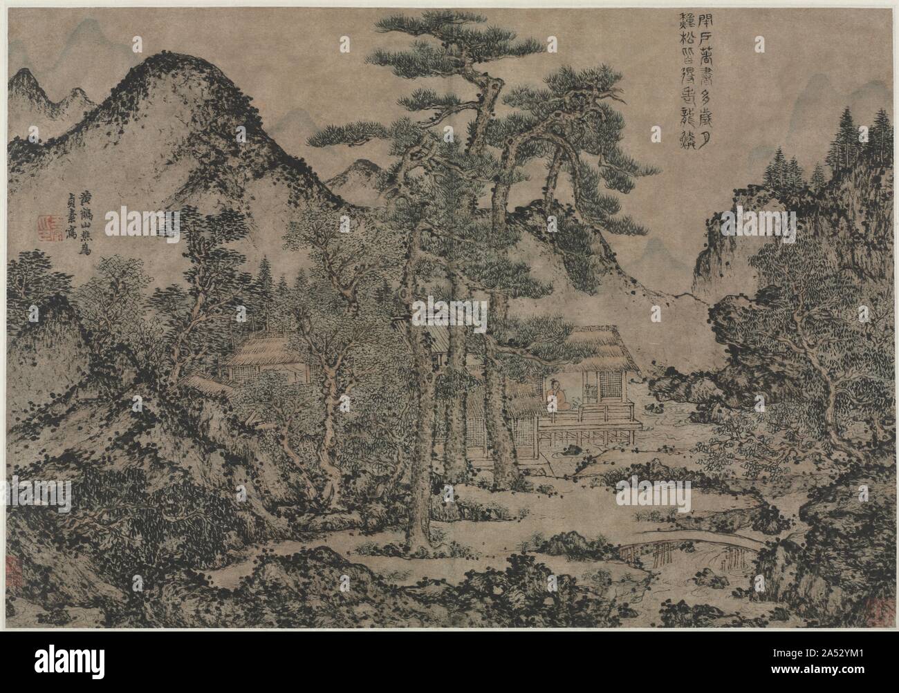 Bücher schreiben unter den Pinien, 1279-1368. Wang Meng ist traditionell auf der vier Meister der Yuan Dynastie angesehen. Dies ist ein seltenes Beispiel für die unverwechselbaren Pinselstil, für die er bekannt ist. Es ist vom Künstler signiert und versiegelt (links), der auch schrieb die folgende Inschrift in der klassischen Dichtung Skript (rechts): Viele Jahre und Monate durch die verschlossene Tür, hinter der die Gelehrten schriftlich seine Bücher getaucht hat; während die Pinien er gepflanzt hatte, haben alle mit alten Drachen Schuppen angebaut. Stockfoto