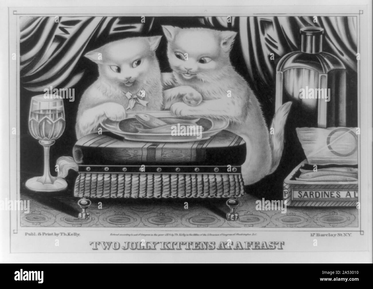 Zwei jolly Kätzchen zu einem Fest/publ. & Drucken. von Th. Kelly, 17 Barclay St., New York, präsent. Stockfoto