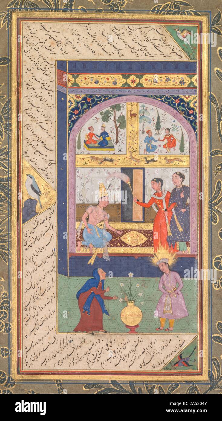 Zulaykha in ihrem Palast und als eine alte Frau mit Joseph, von einem panj Ganj (fünf Schätze) von Abd al-Rahman Jami (Persisch, 1414-1492), 1603-1607. Diese Seite zeigt zwei Episoden aus der Geschichte von Josef und Zulaykha. In der ersten, Zulaykha erwartet Joseph in das Haus hat sie für Sie aufgebaut. Sie hat die Wände mit romantischen Szenen Bemalt und verkleidet sich verführerisch mit der Absicht, ihn verführt. Der Künstler hat dezent seinen Namen und das Bild eingefügt &#x2019;s Datum in einem Backstein des Hauses in der oberen linken Ecke. Die tugendhafte Joseph, mit flammenden Heiligenschein und ewig jugendliche Funktionen, re Stockfoto