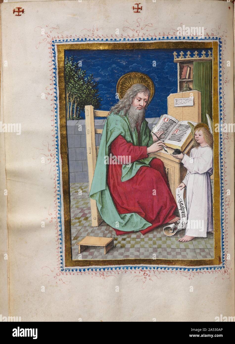 Evangelium Buch mit Evangelist Portraits: der hl. Matthäus, C. 1480. Jedes der vier Evangelien, hier in Lateinamerika, werden durch eine ganzseitige Miniatur des entsprechenden Evangelist voraus. Wie konventionelle, die Evangelisten sind als zeitgenössischen Schriftgelehrten an einem rednerpult durch all die Ausstattung des Handels --- inkpots, spulefedern, Taschenmesser, etc. Die Miniaturen Stil ist typisch deutschen Spätgotik in seiner expressiven Verwendung von eckigen Tuchfabrik und realistisches Detail umgeben Sitzen vertreten. Jede Miniatur, jedoch trägt die Spuren der Hand des Hausbuch Master: Bekanntmachung der Terrasse platz für jede Figur und t Stockfoto