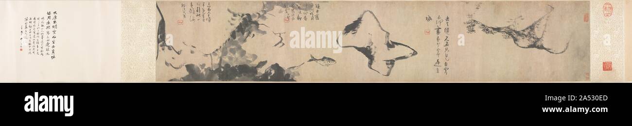 Fisch und Felsen, Mitte - Ende 1600. Ein Nachkomme eines Zweiges der Ming kaiserliche Familie in Nanchang, Provinz Jiangxi, Bada Shanren (deren ursprünglicher Name ist noch nicht bestätigt) verlor seine fürstlichen Status nach der Eroberung durch die Mandschu. Er zog sich zu Chan-buddhistischen Klöstern, wo er Trost in der Kunst gefunden, Manchmal täuscht Wahnsinn, um zu vermeiden, dass Sie identifiziert. Hier, Bada gemaltem spärliche Bilder von Fischen, Felsen und einem Lotus Patch in einem einfachen, freien Stil mit wenigen spontanen Pinselstriche. Er umfasst drei kryptische Gedichte mit Themen der Entfremdung, die sich vielleicht auf das Schicksal der "leftove Stockfoto